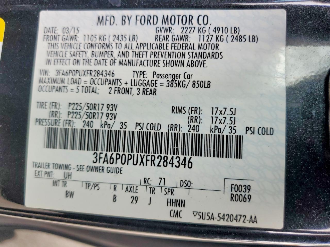2015 Ford Fusion Se Phev Black vin: 3FA6P0PUXFR284346