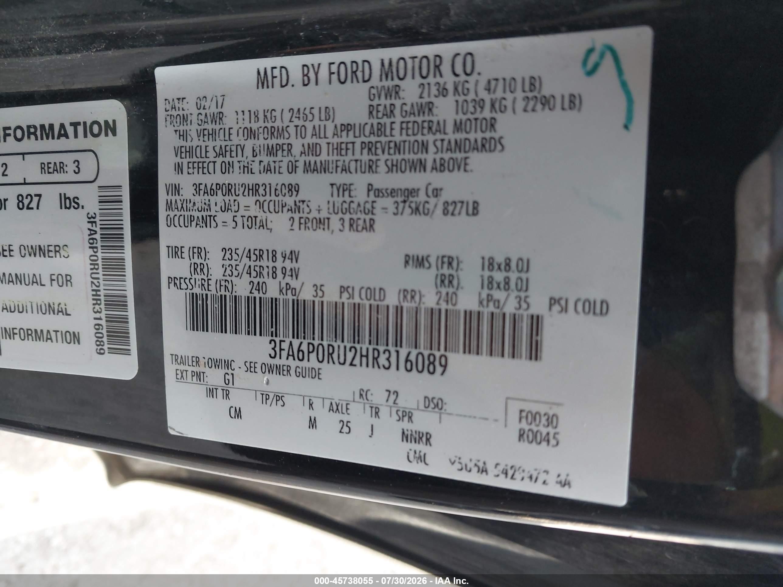 2017 Ford Fusion Hybrid Titanium Black vin: 3FA6P0RU2HR316089