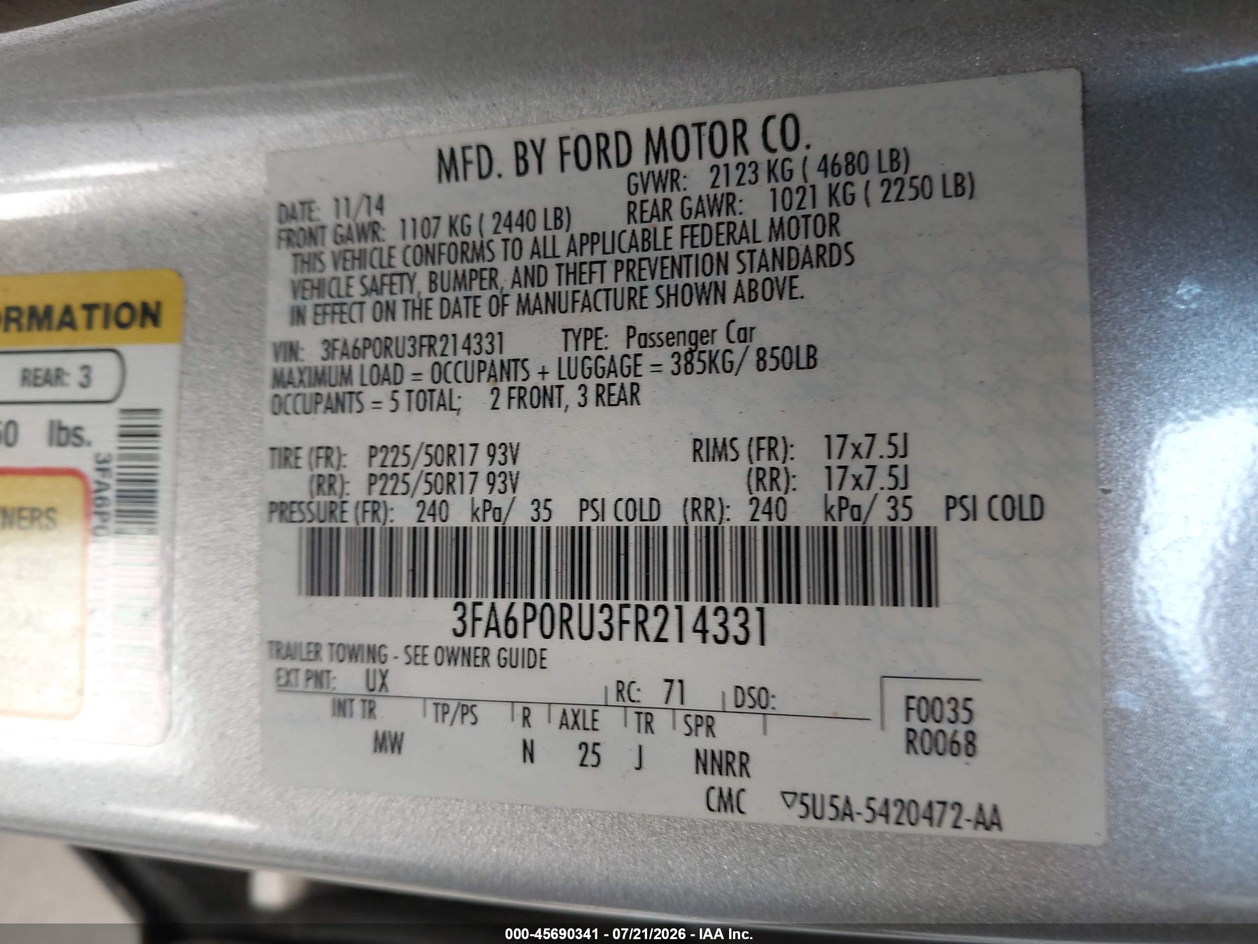 2015 Ford Fusion Hybrid Titanium Silver vin: 3FA6P0RU3FR214331