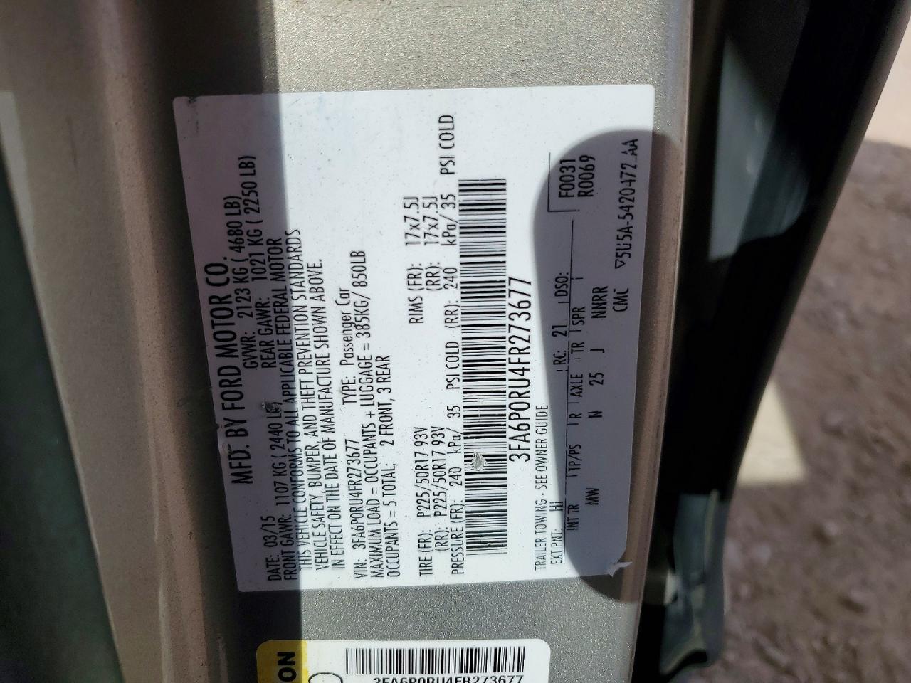 2015 Ford Fusion Titanium Hev Tan vin: 3FA6P0RU4FR273677