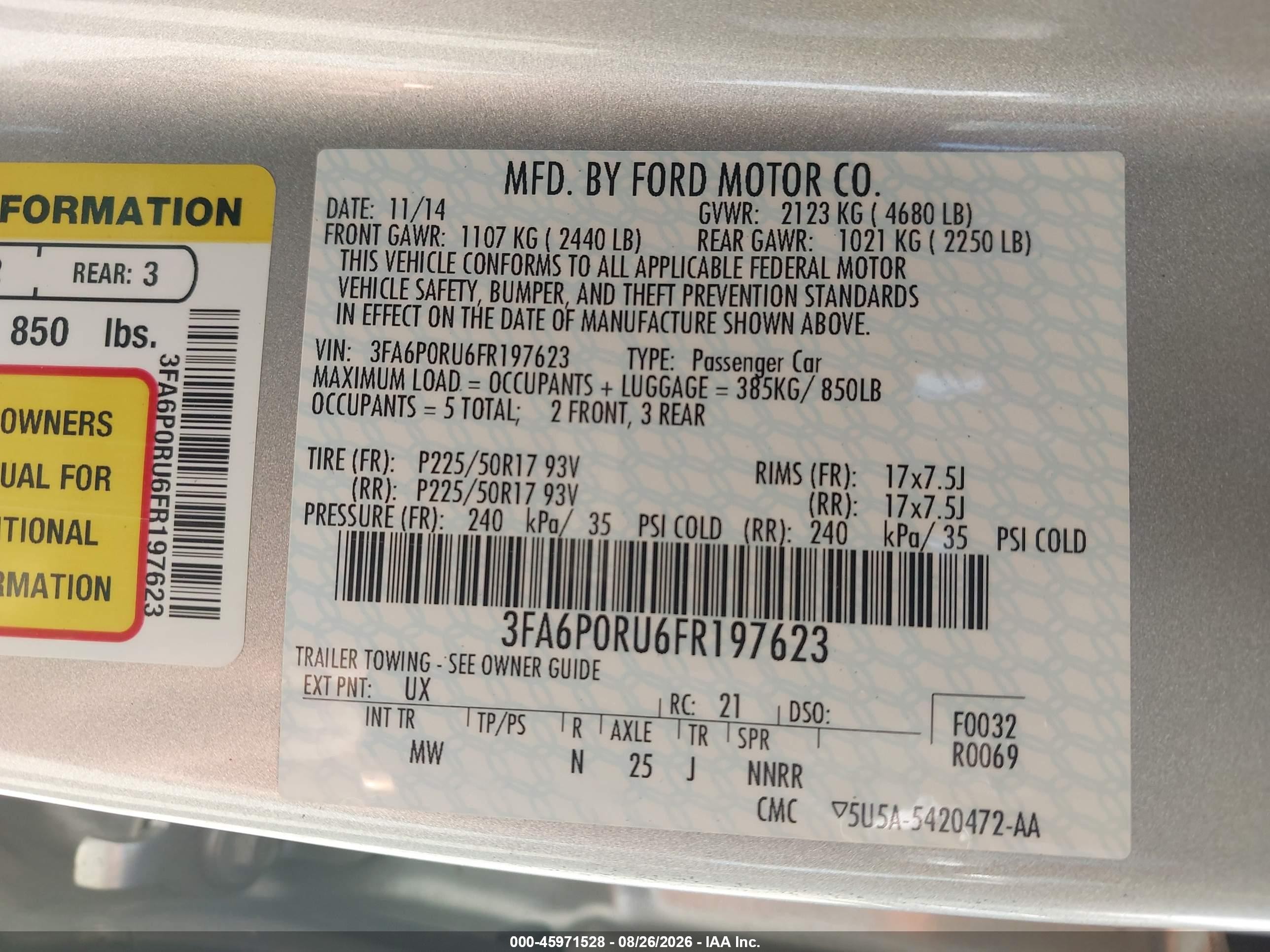 2015 Ford Fusion Hybrid Titanium Silver vin: 3FA6P0RU6FR197623