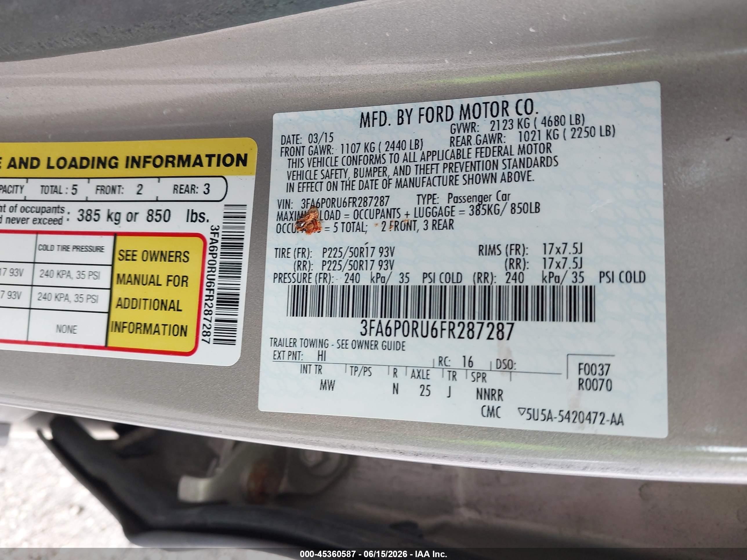 2015 Ford Fusion Hybrid Titanium Silver vin: 3FA6P0RU6FR287287
