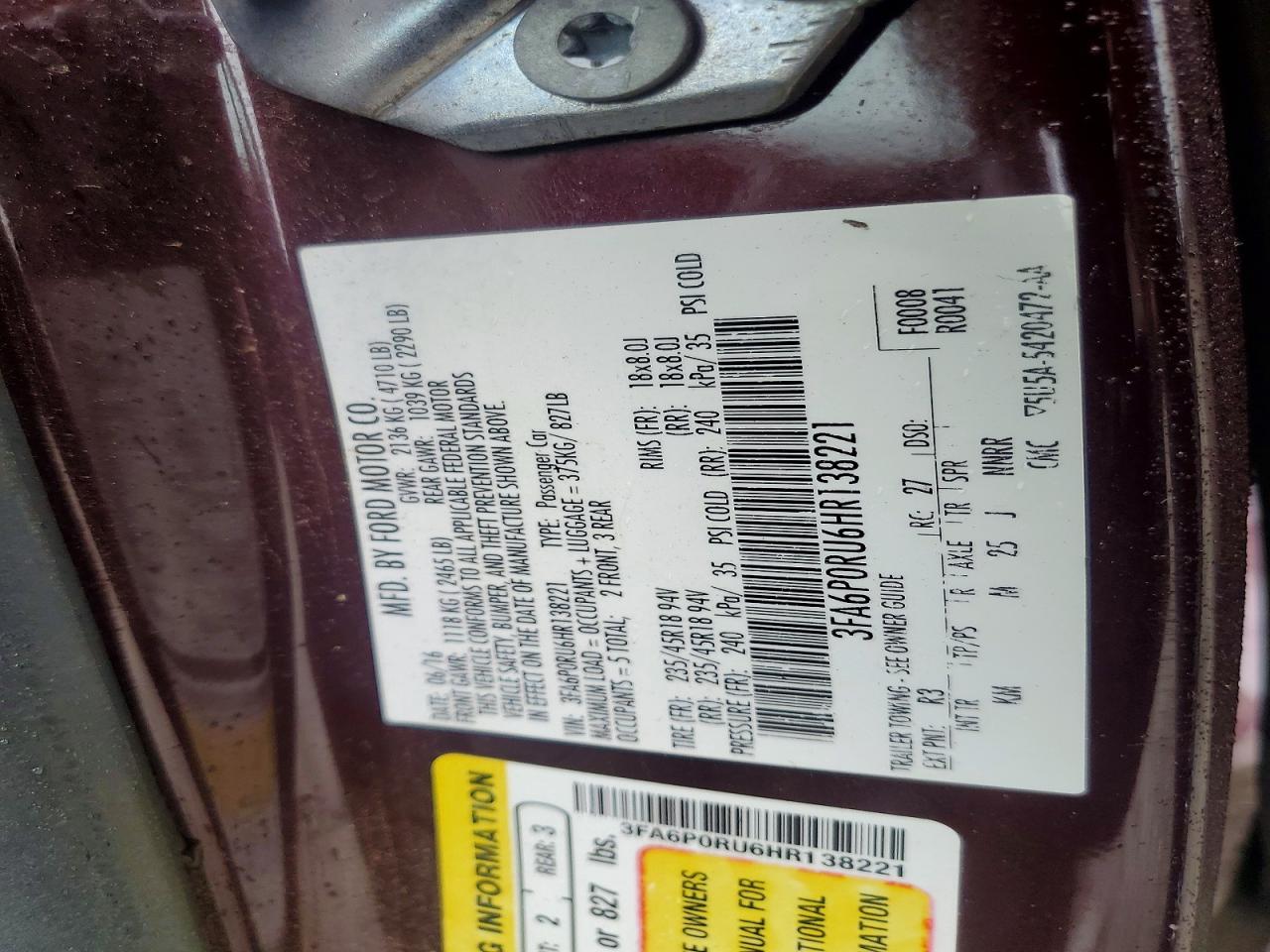 2017 Ford Fusion Titanium Hev Бордовый vin: 3FA6P0RU6HR138221