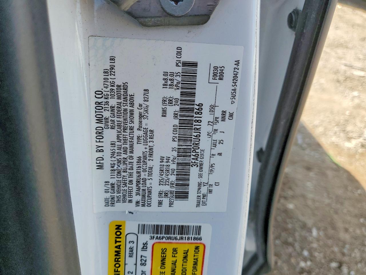 2018 Ford Fusion White vin: 3FA6P0RU6JR181866