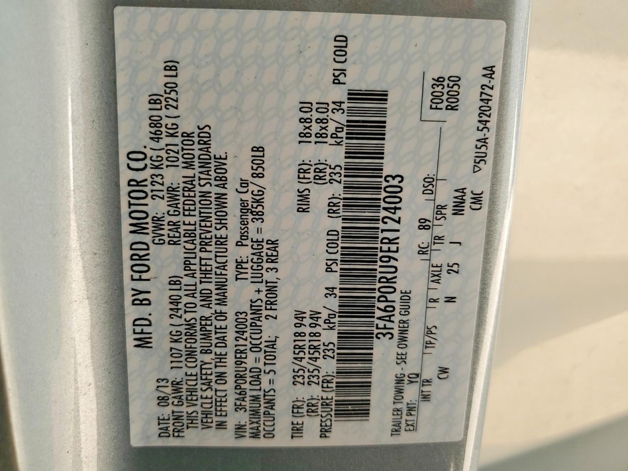 2014 Ford Fusion Titanium Hev Turquoise vin: 3FA6P0RU9ER124003