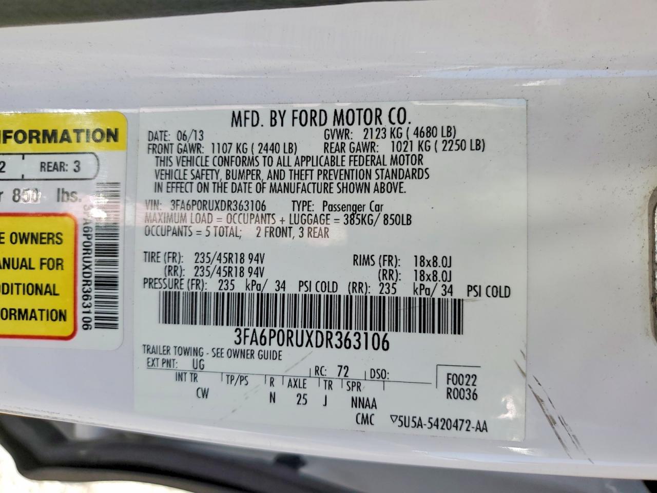 2013 Ford Fusion Titanium Hev White vin: 3FA6P0RUXDR363106