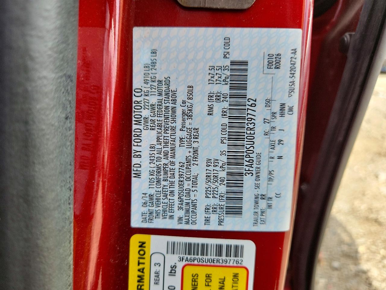 2014 Ford Fusion Titanium Phev Red vin: 3FA6P0SU0ER397762