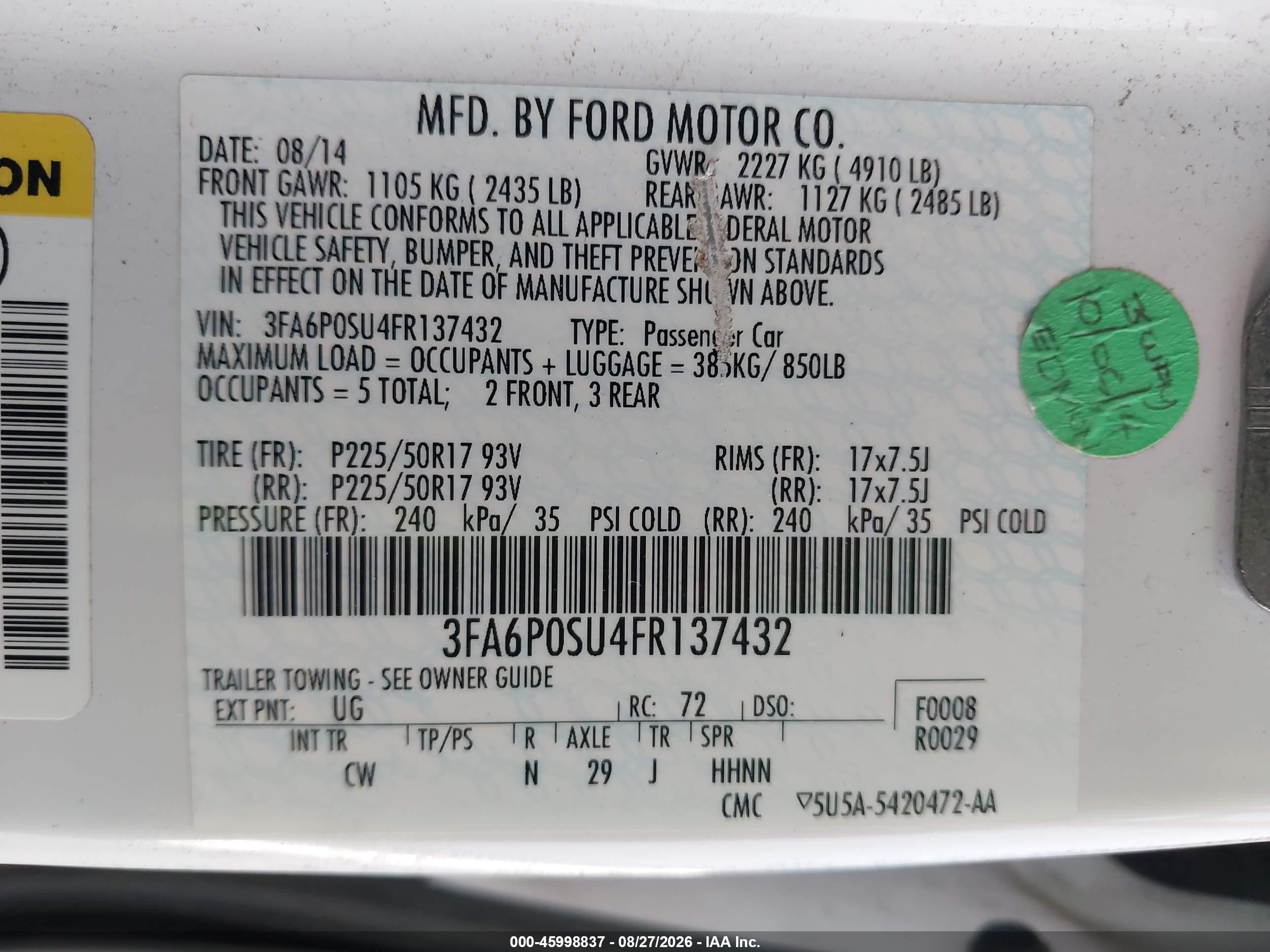 2015 Ford Fusion Energi Titanium White vin: 3FA6P0SU4FR137432