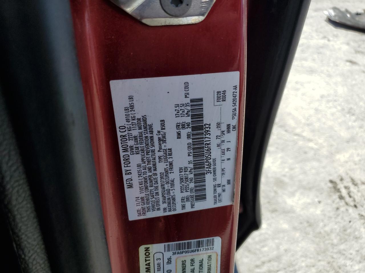 2015 Ford Fusion Titanium Phev Красный vin: 3FA6P0SU6FR173932