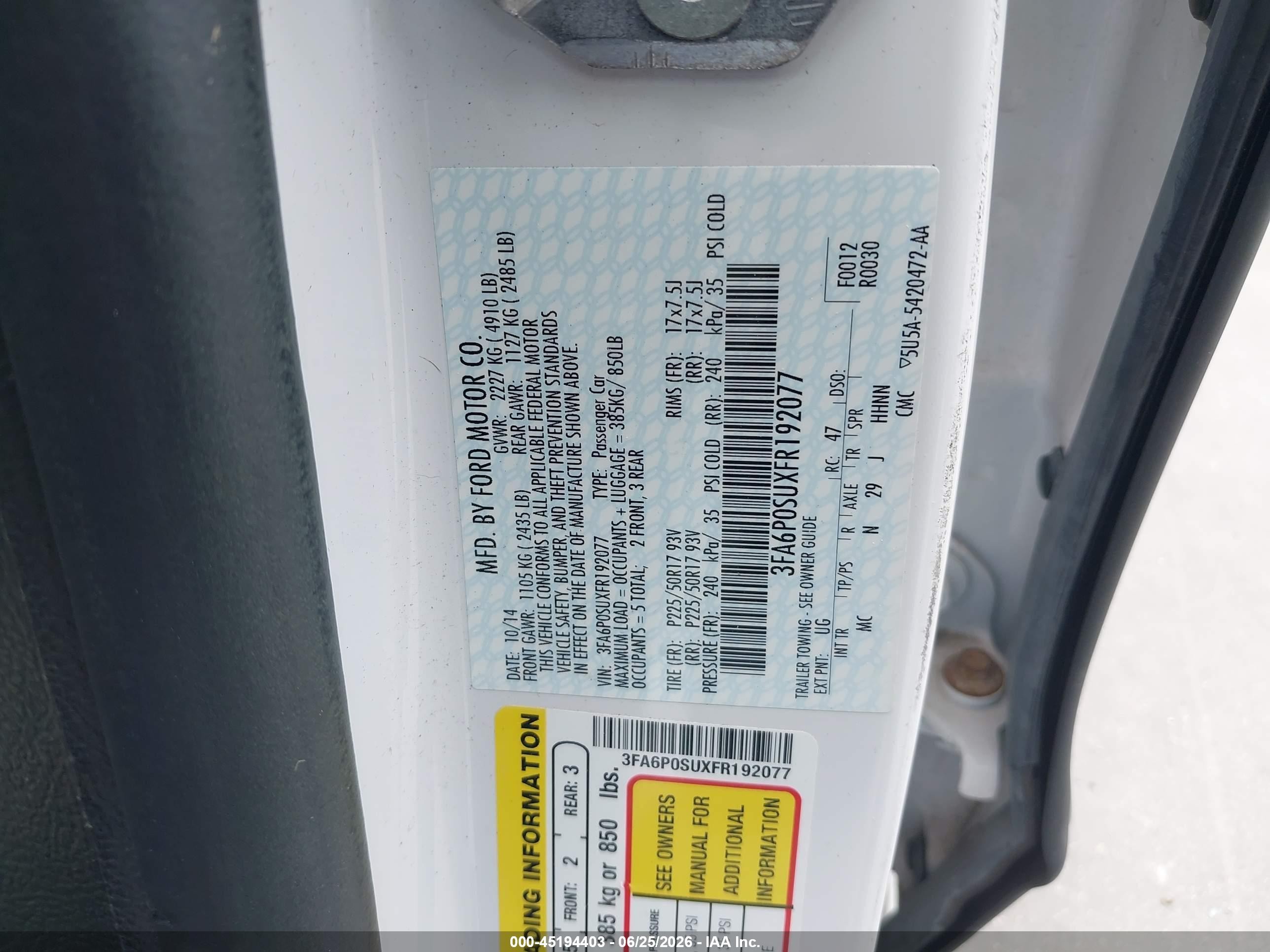 2015 Ford Fusion Energi Titanium White vin: 3FA6P0SUXFR192077