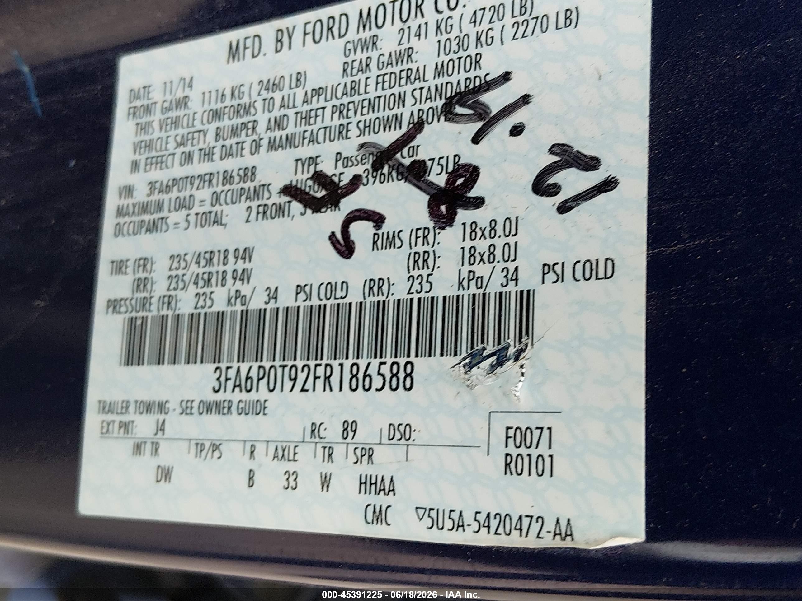 2015 Ford Fusion Se Blue vin: 3FA6P0T92FR186588