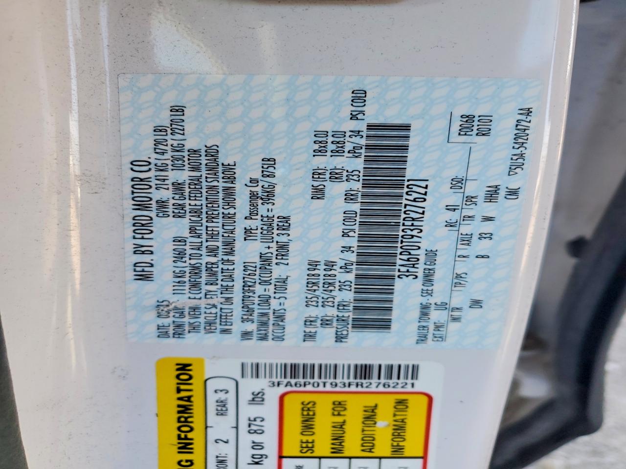 2015 Ford Fusion Se White vin: 3FA6P0T93FR276221