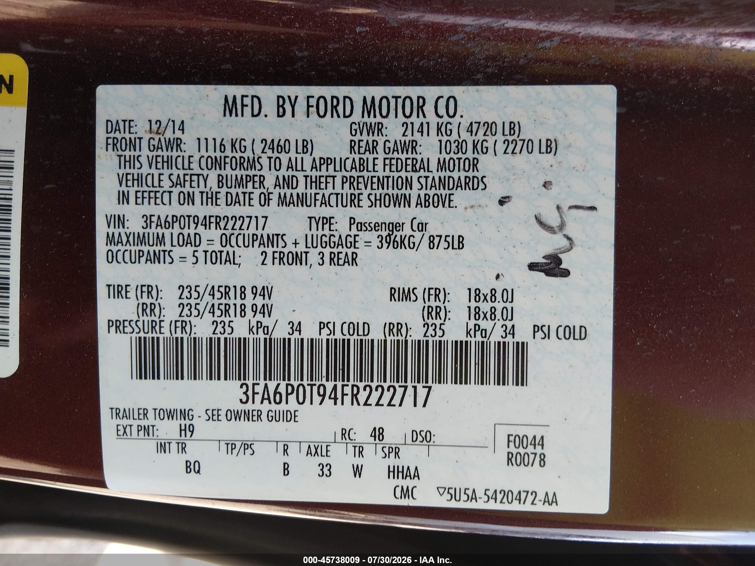2015 Ford Fusion Se Burgundy vin: 3FA6P0T94FR222717