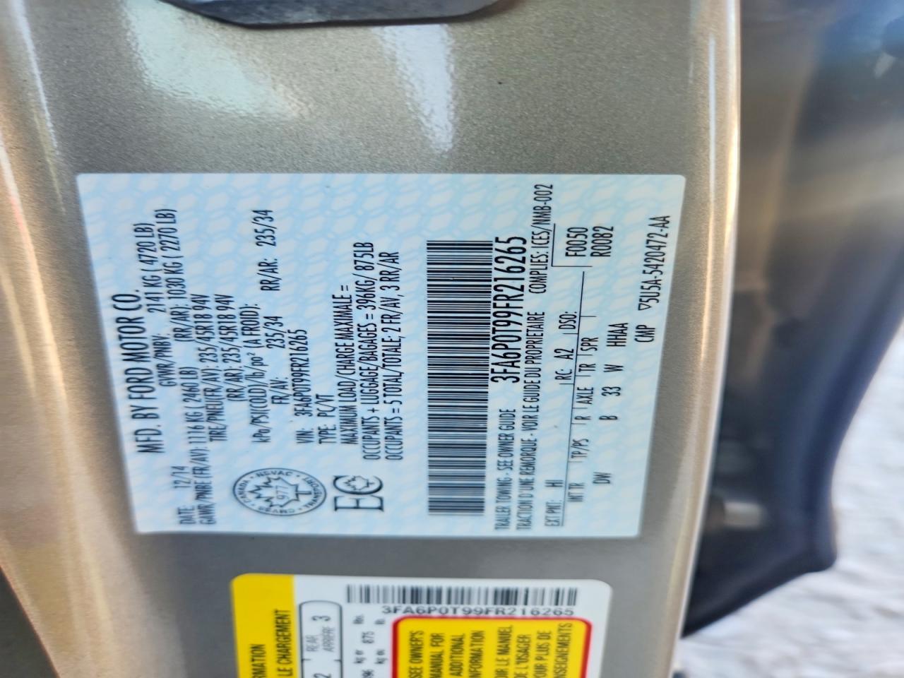 2015 Ford Fusion Se Beige vin: 3FA6P0T99FR216265
