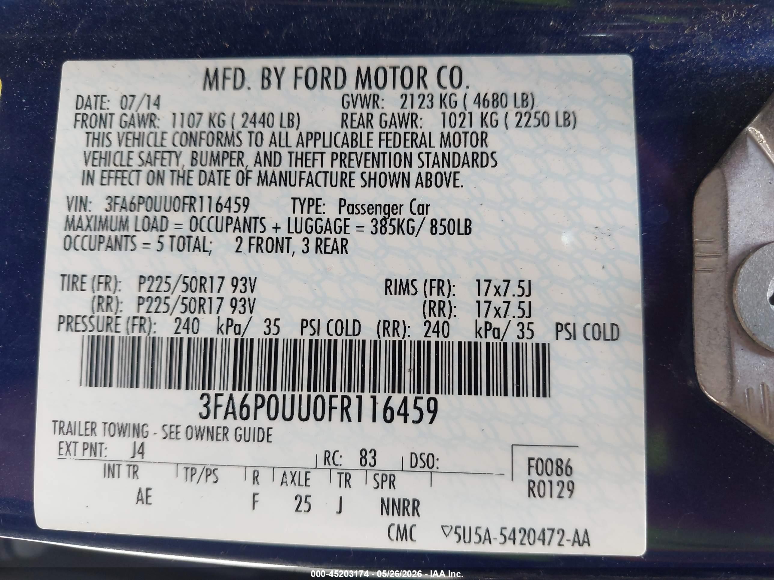 2015 Ford Fusion Hybrid S Blue vin: 3FA6P0UU0FR116459