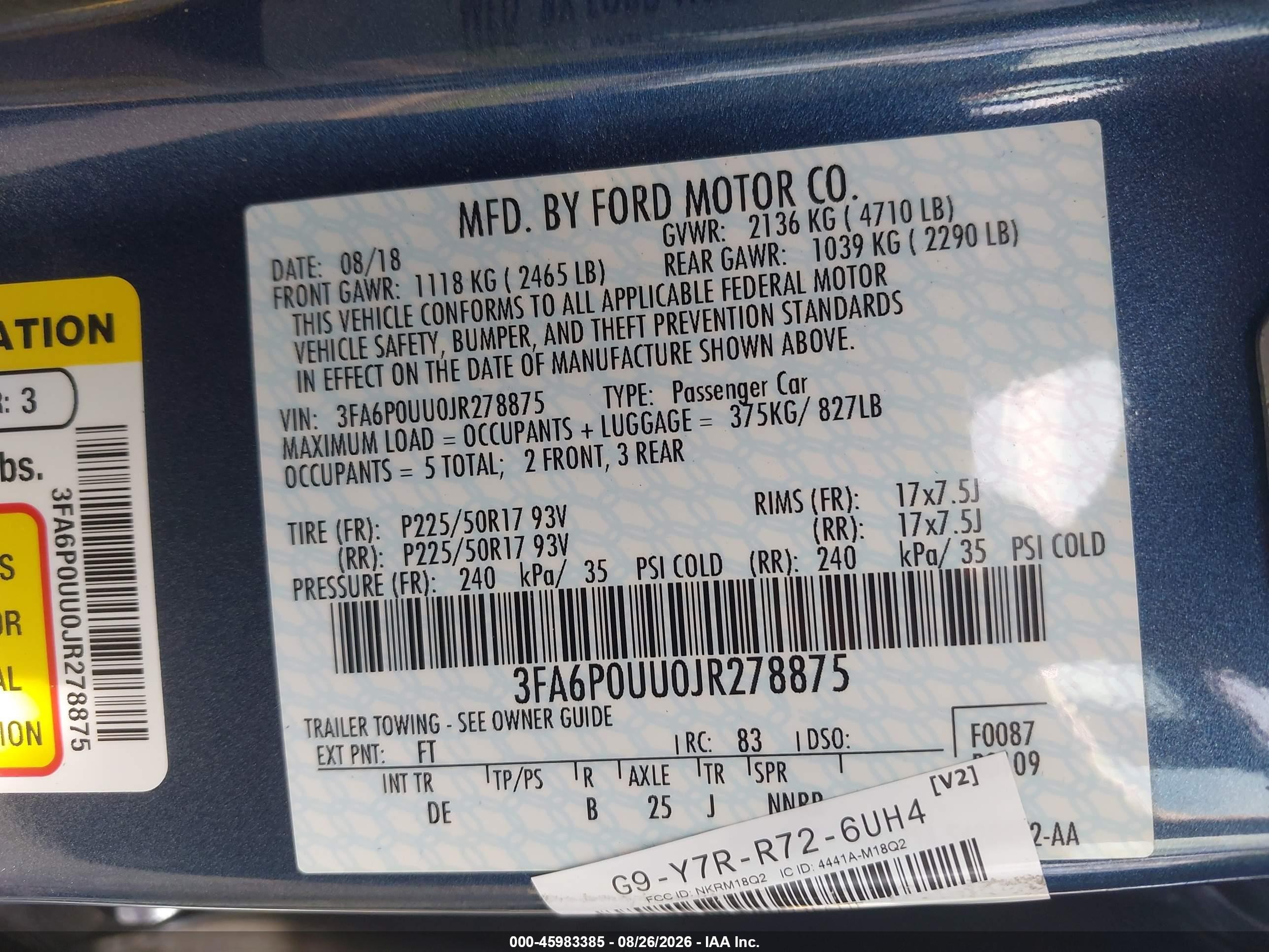 2018 Ford Fusion Hybrid S Blue vin: 3FA6P0UU0JR278875
