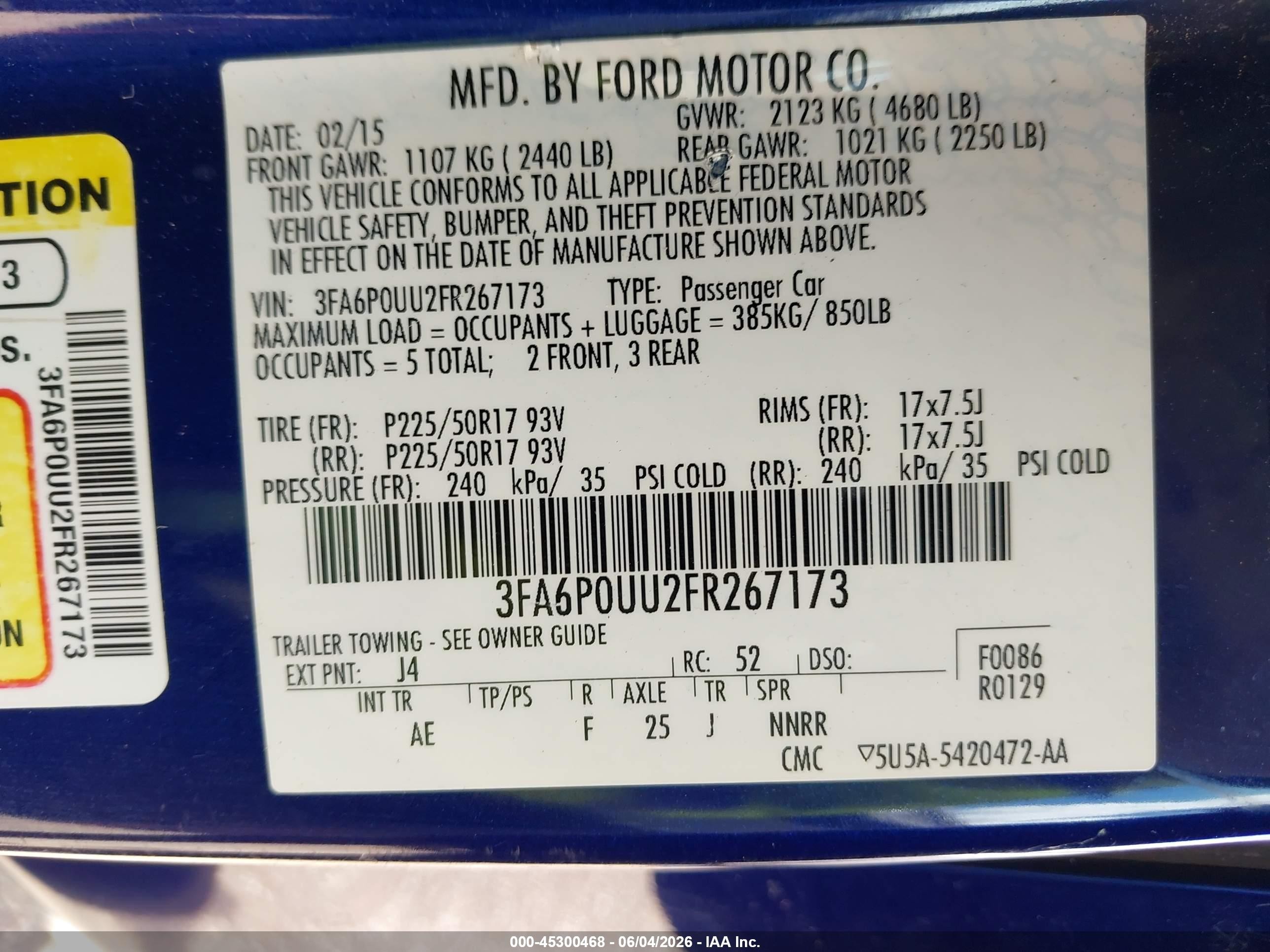 2015 Ford Fusion Hybrid S Blue vin: 3FA6P0UU2FR267173