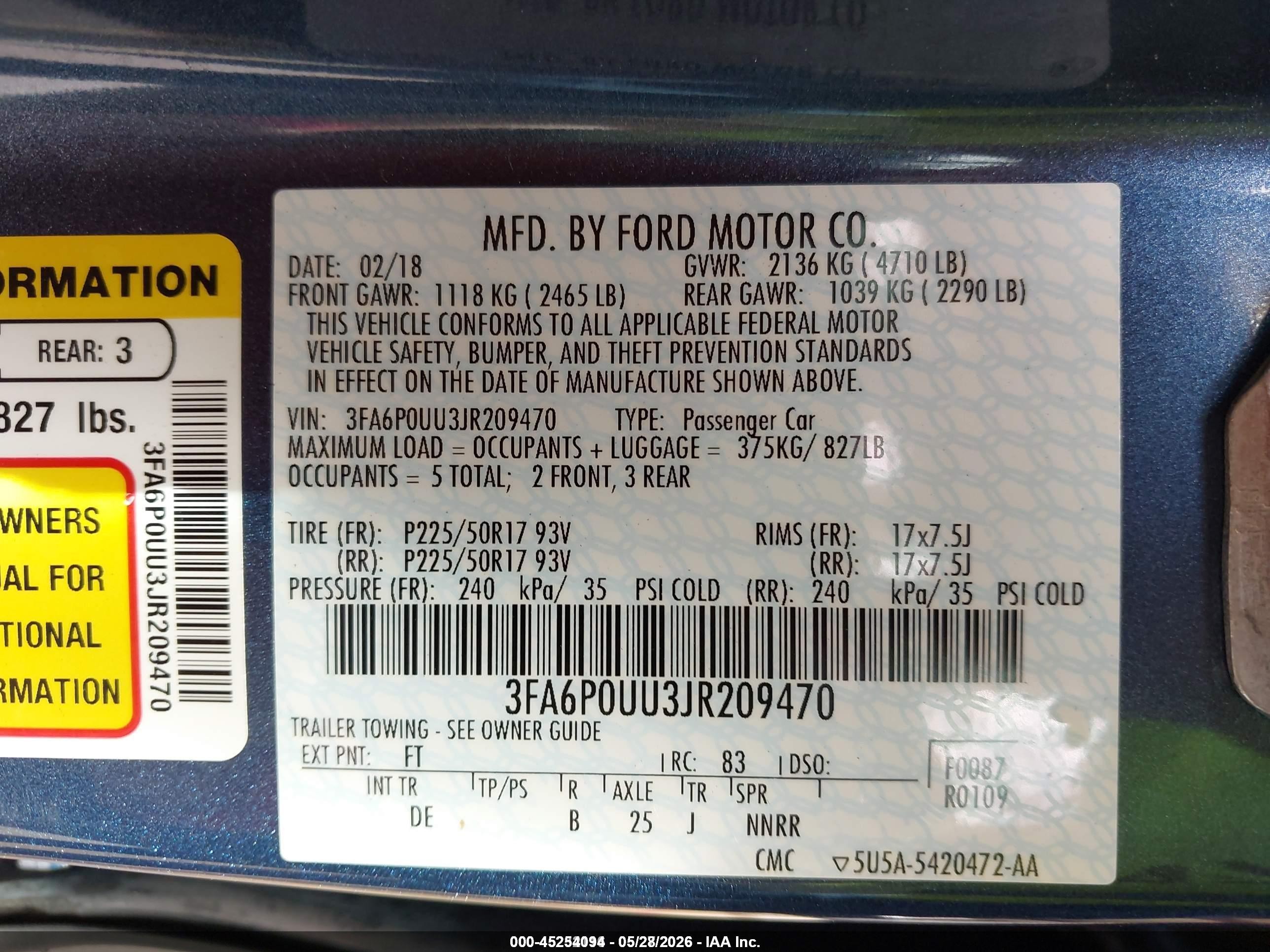 2018 Ford Fusion Hybrid S Blue vin: 3FA6P0UU3JR209470