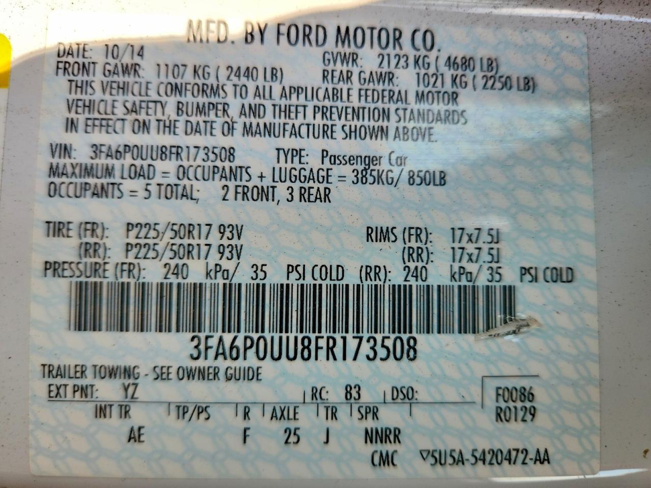 2015 Ford Fusion S Hybrid White vin: 3FA6P0UU8FR173508