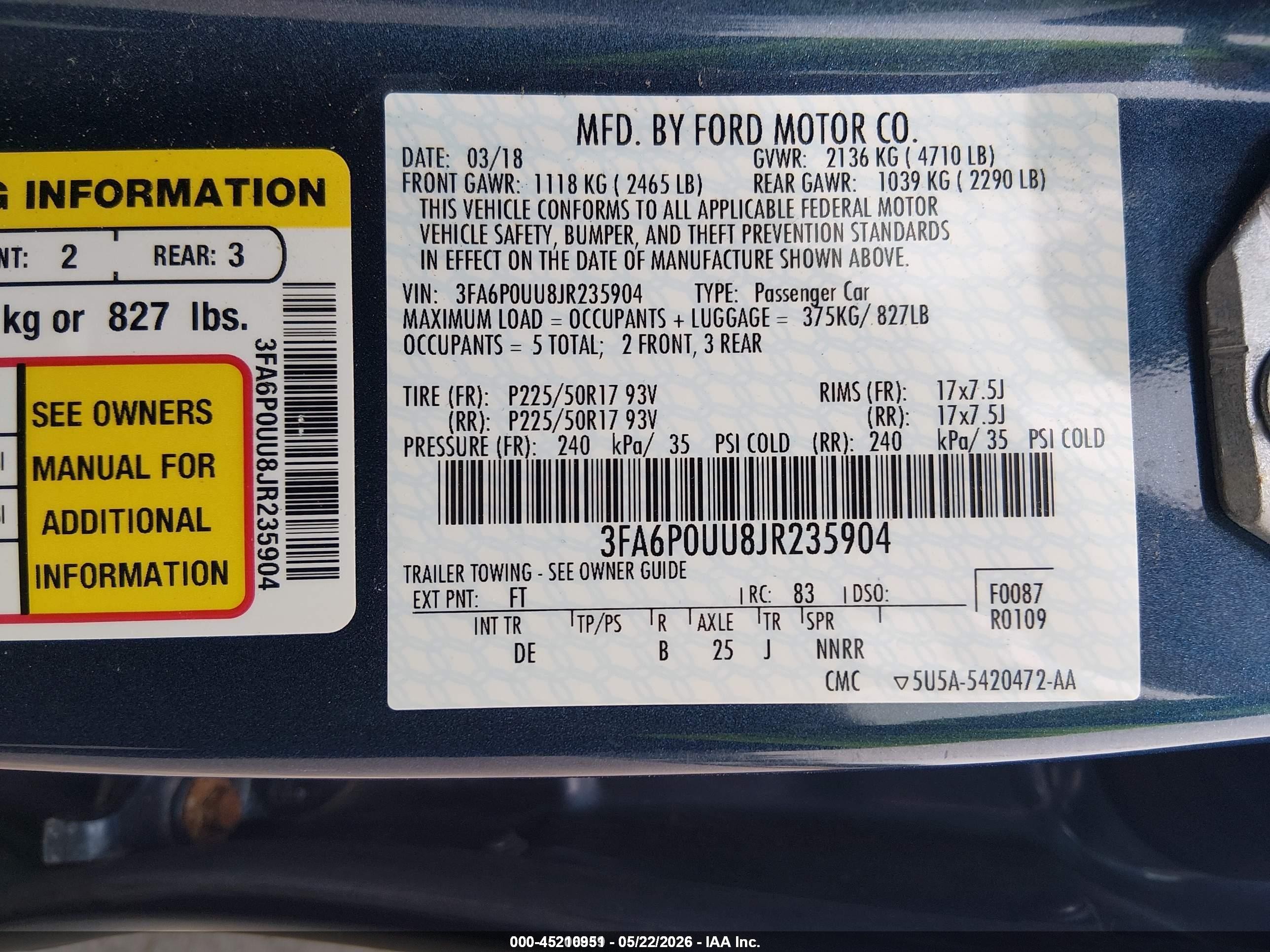 2018 Ford Fusion Hybrid S Blue vin: 3FA6P0UU8JR235904