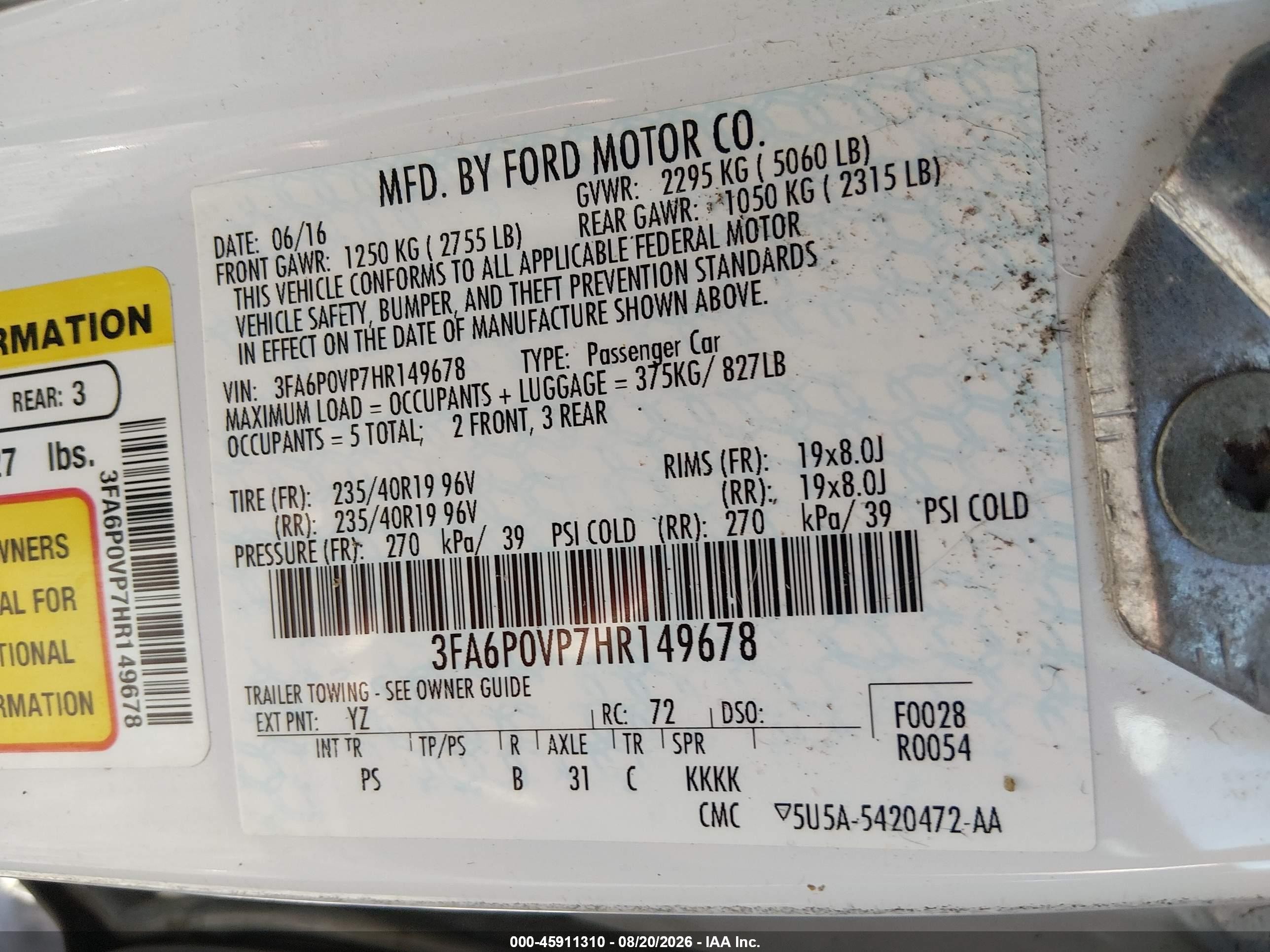 2017 Ford Fusion Sport White vin: 3FA6P0VP7HR149678