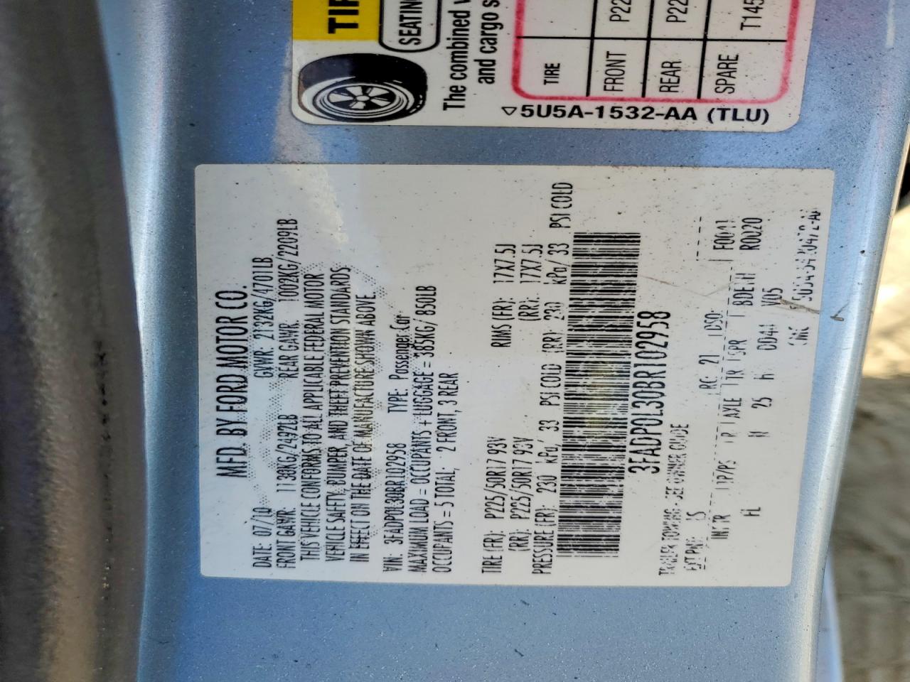 2011 Ford Fusion Hybrid Blue vin: 3FADP0L30BR102958