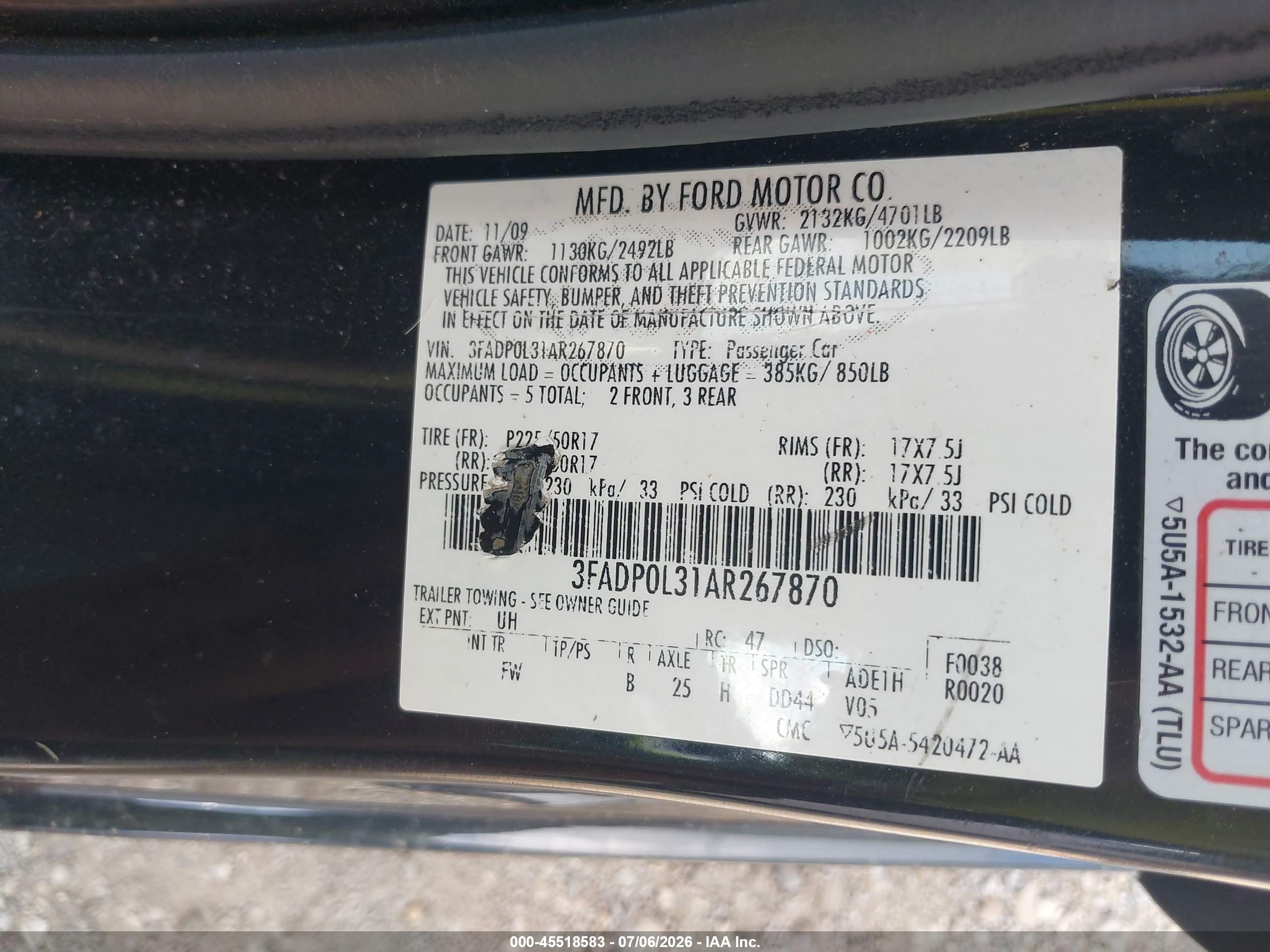 2010 Ford Fusion Hybrid   Black vin: 3FADP0L31AR267870