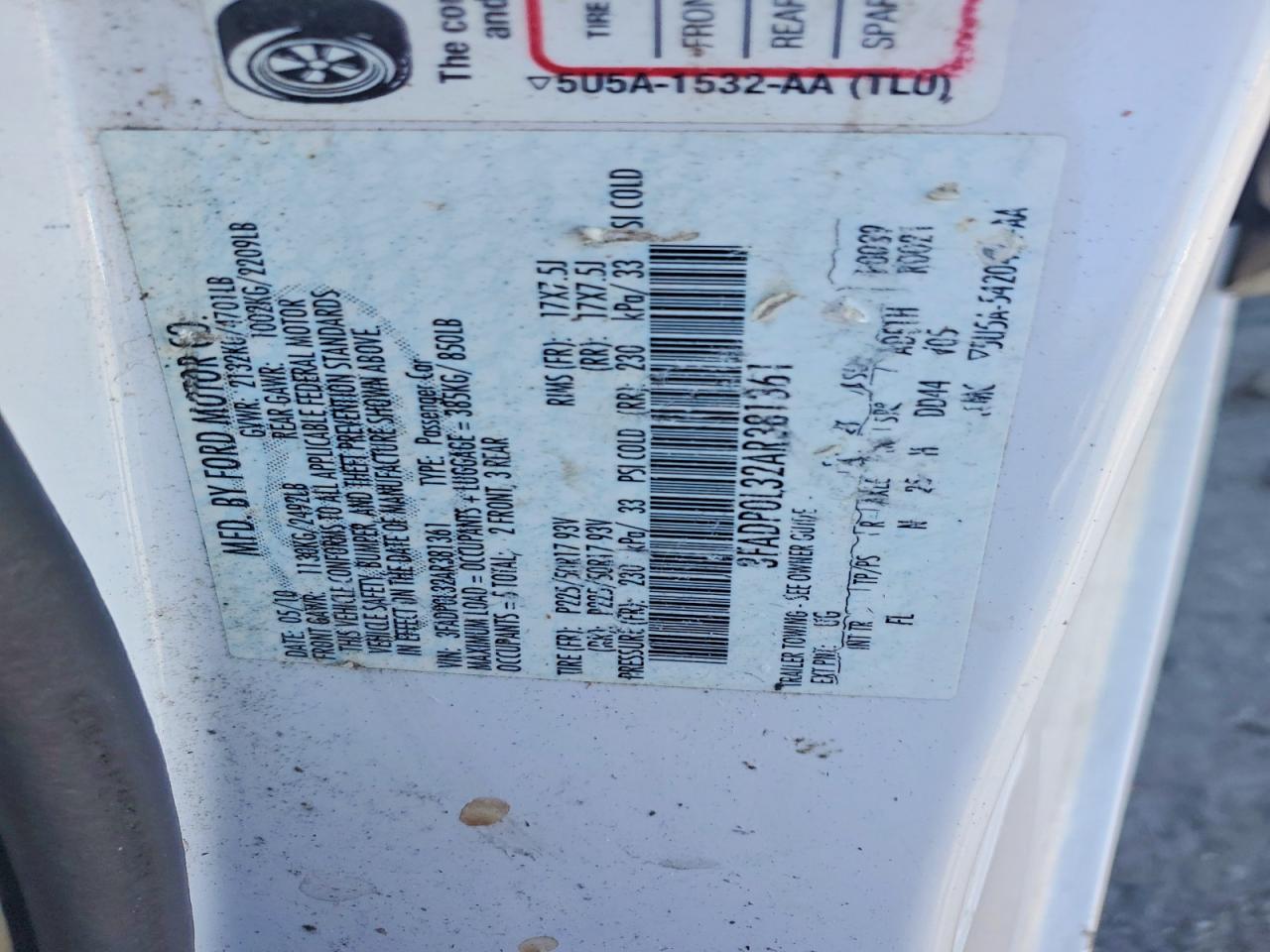2010 Ford Fusion Hybrid White vin: 3FADP0L32AR381361