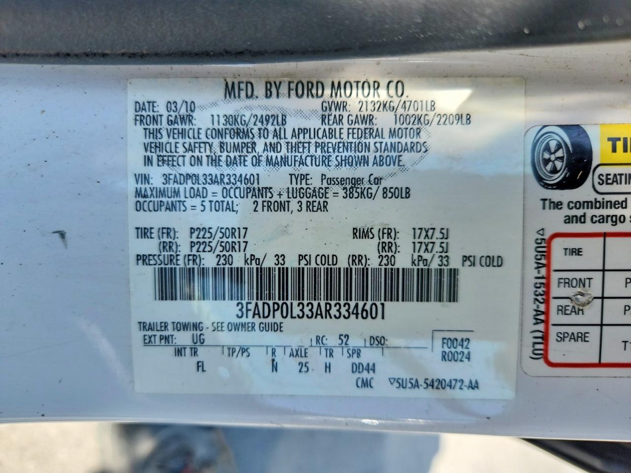 2010 Ford Fusion Hybrid White vin: 3FADP0L33AR334601
