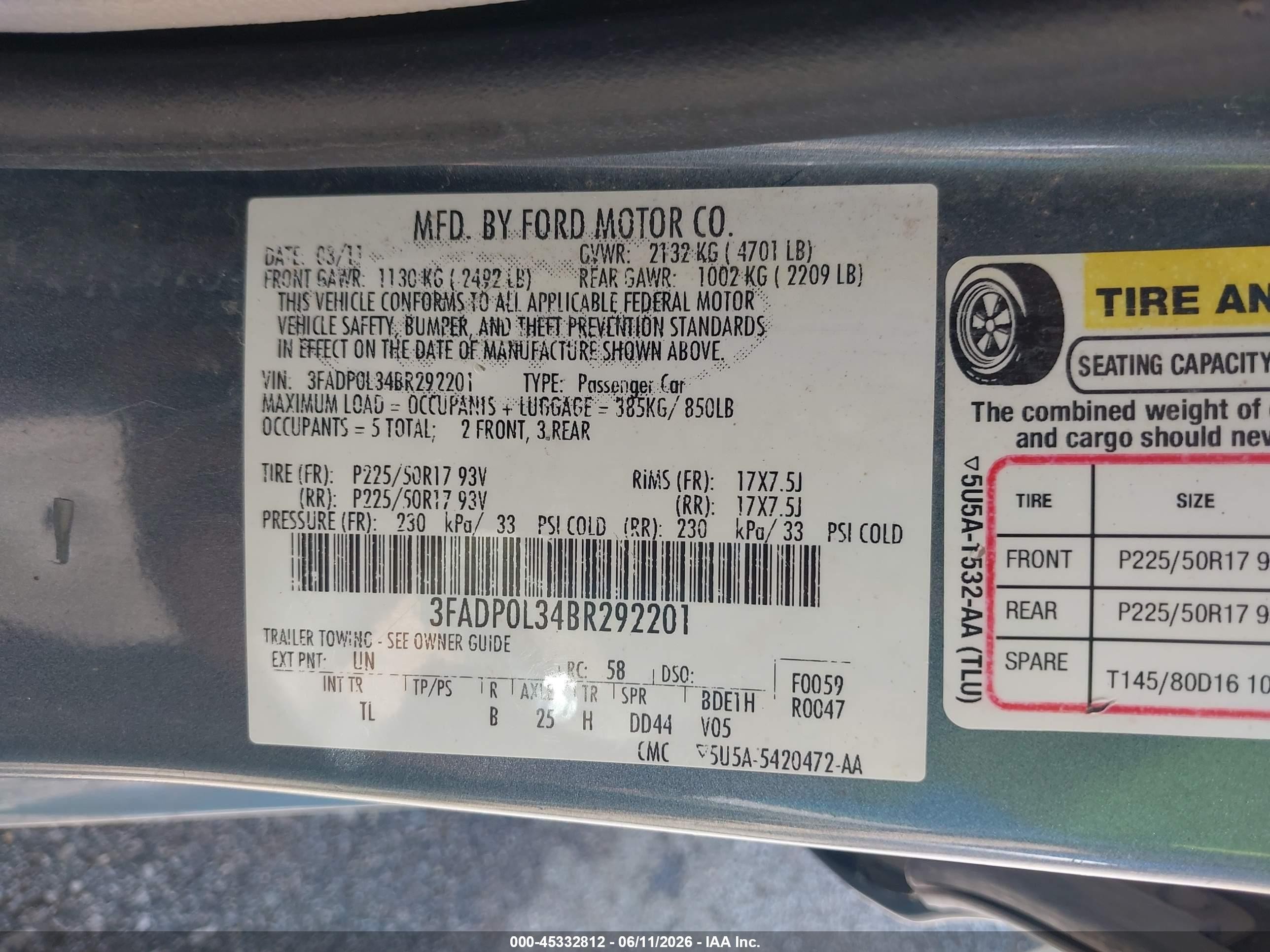 2011 Ford Fusion Hybrid   Blue vin: 3FADP0L34BR292201