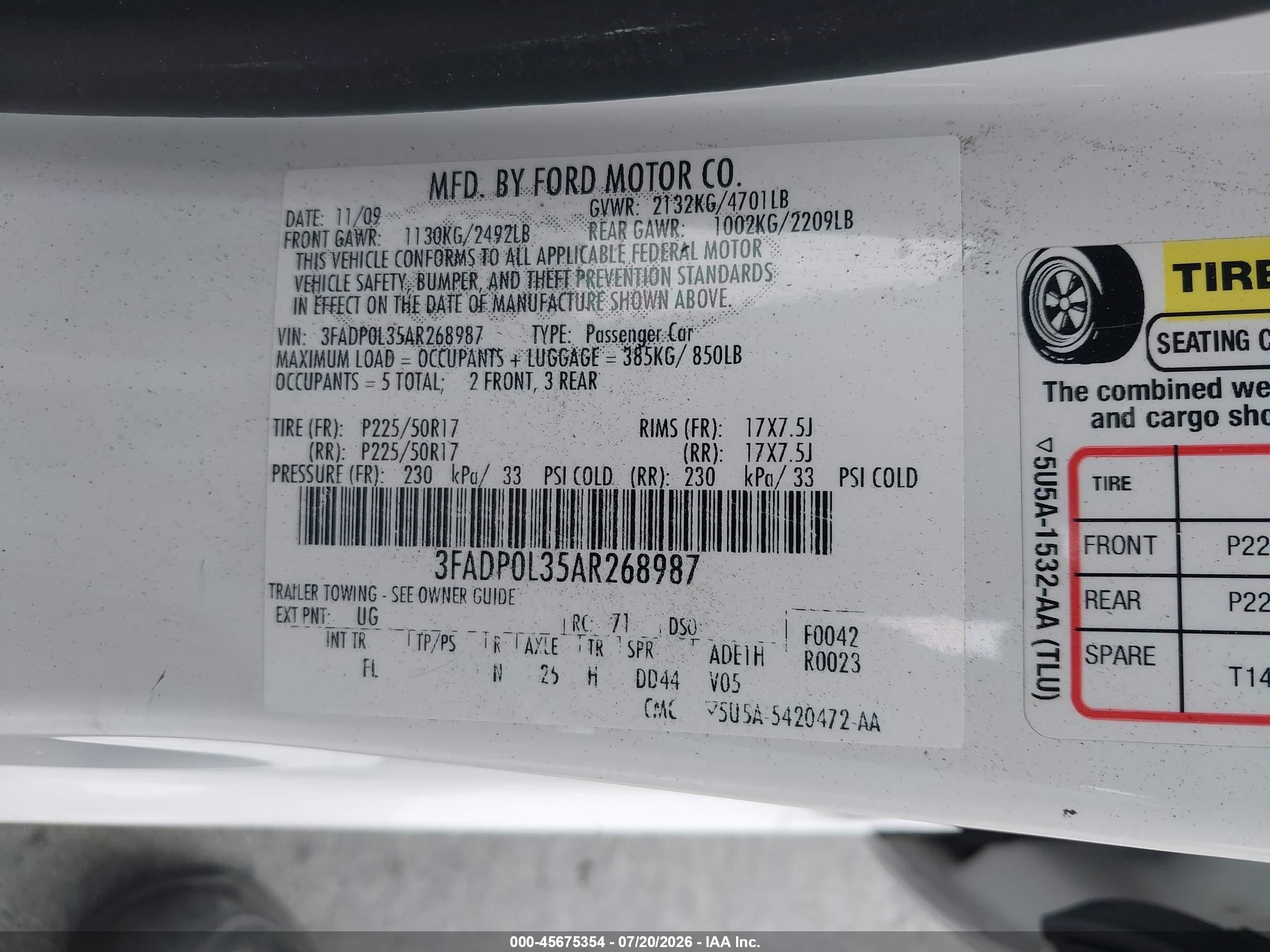 2010 Ford Fusion Hybrid   White vin: 3FADP0L35AR268987