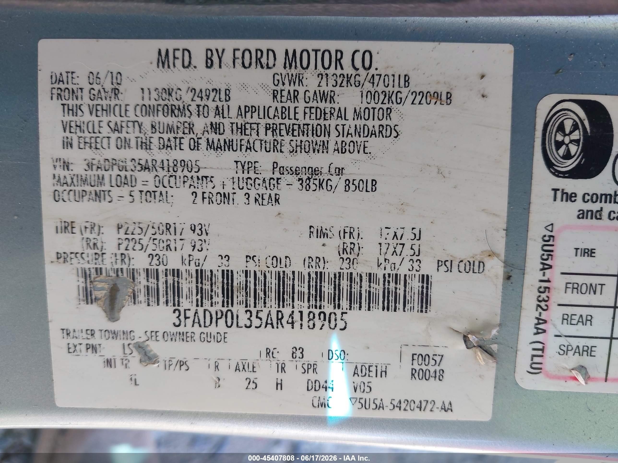 2010 Ford Fusion Hybrid   Light Blue vin: 3FADP0L35AR418905