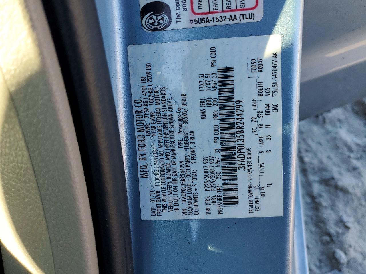 2011 Ford Fusion Hybrid Blue vin: 3FADP0L35BR244299