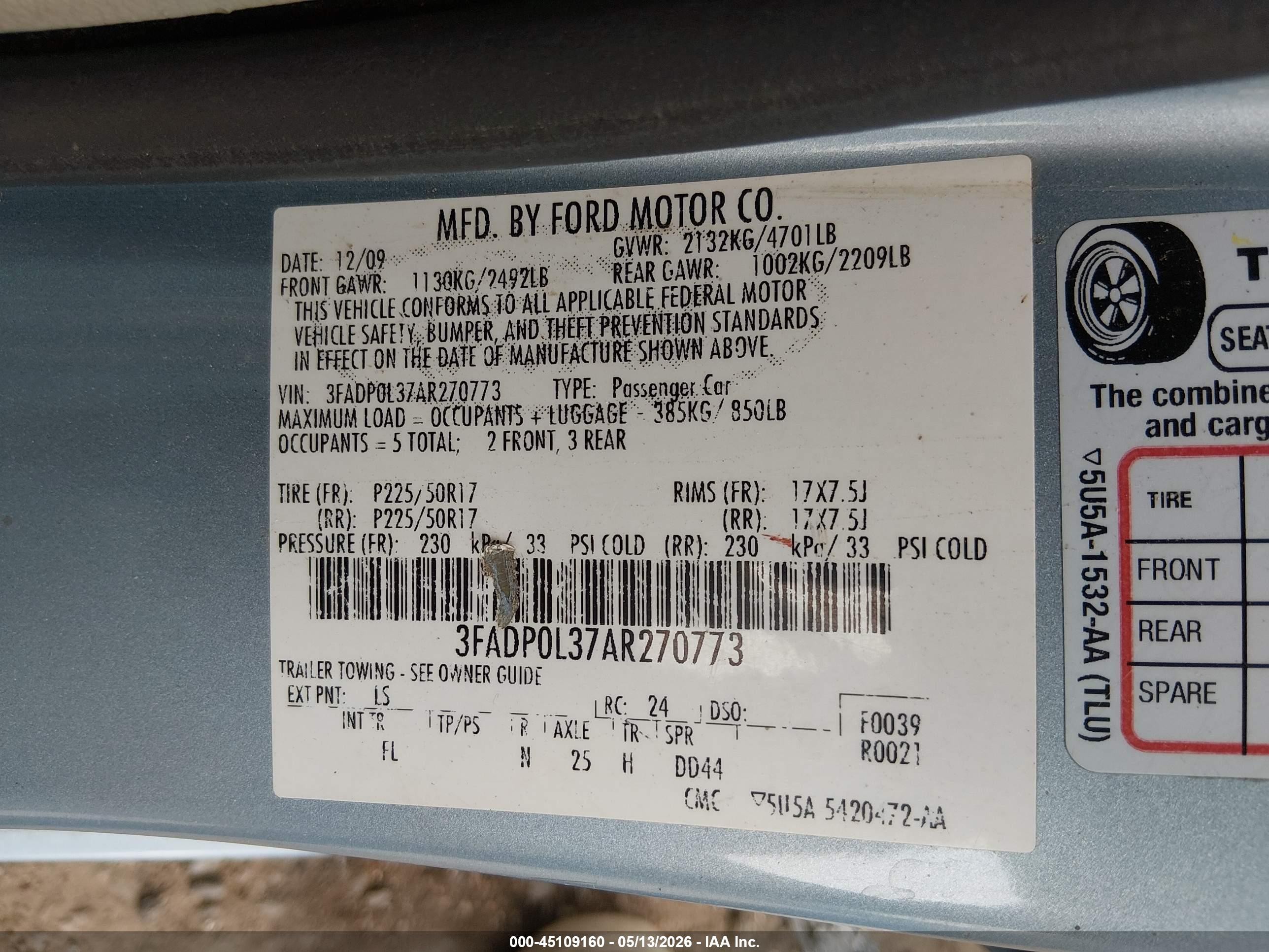 2010 Ford Fusion Hybrid   Light Blue vin: 3FADP0L37AR270773