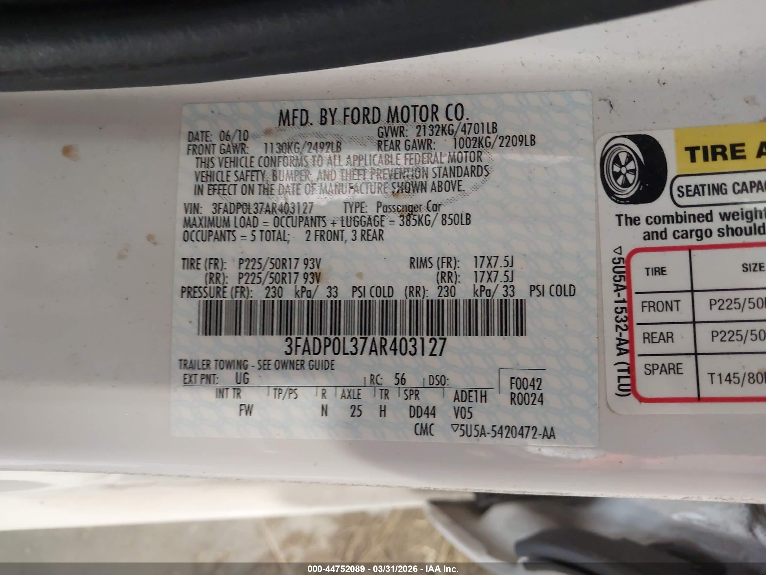 2010 Ford Fusion Hybrid   White vin: 3FADP0L37AR403127