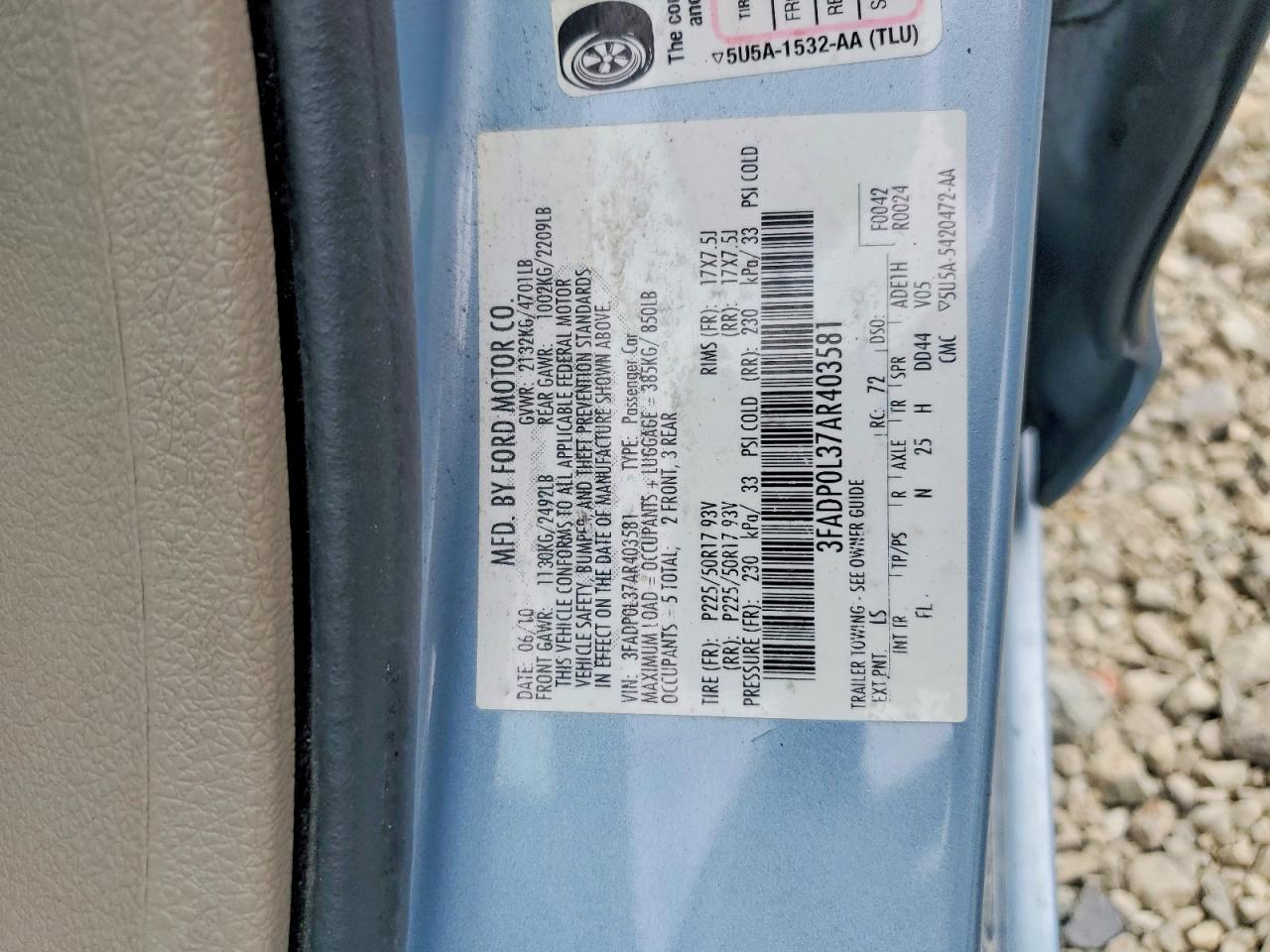 2010 Ford Fusion Hybrid Blue vin: 3FADP0L37AR403581