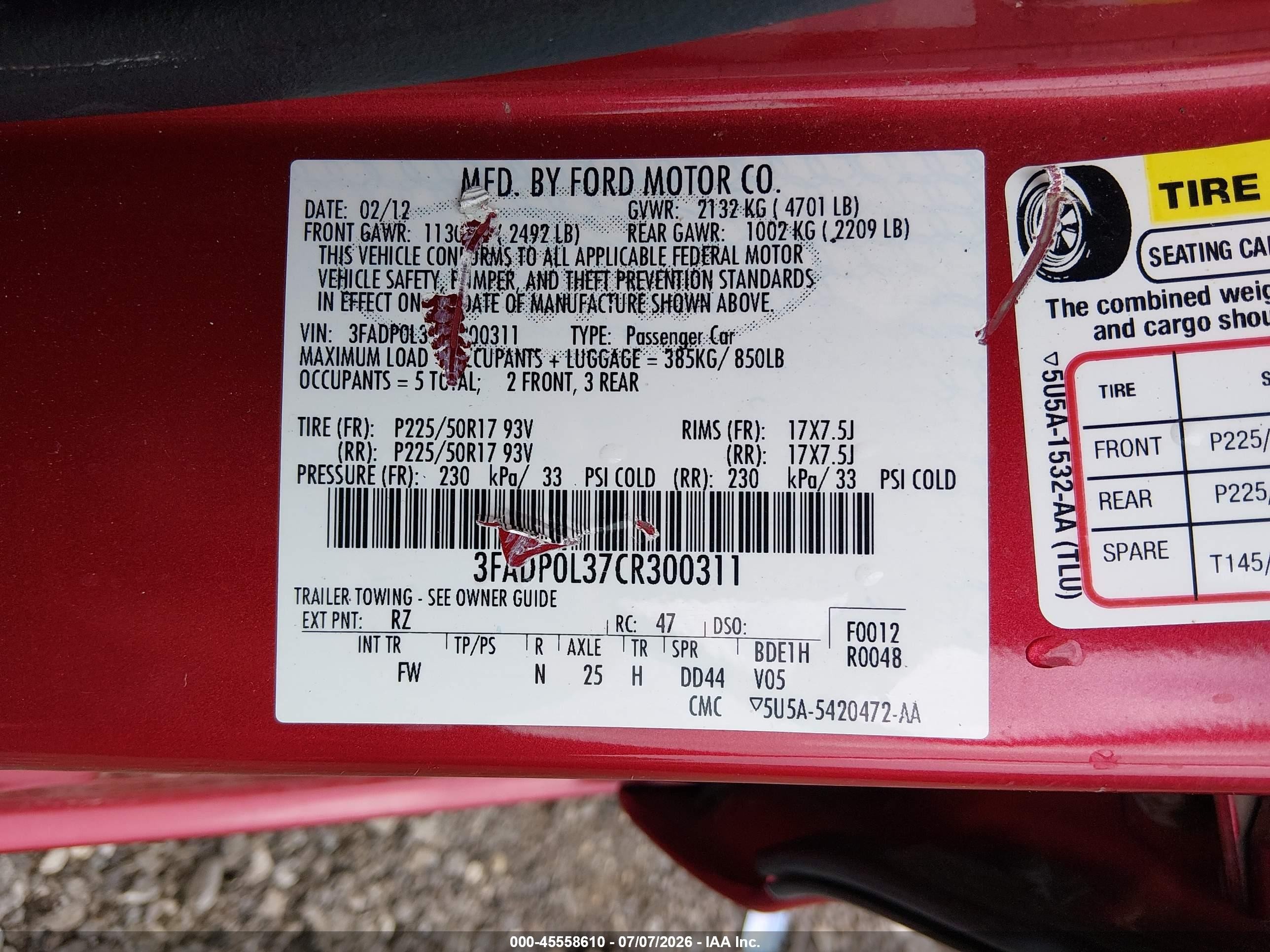 2012 Ford Fusion Hybrid   Red vin: 3FADP0L37CR300311