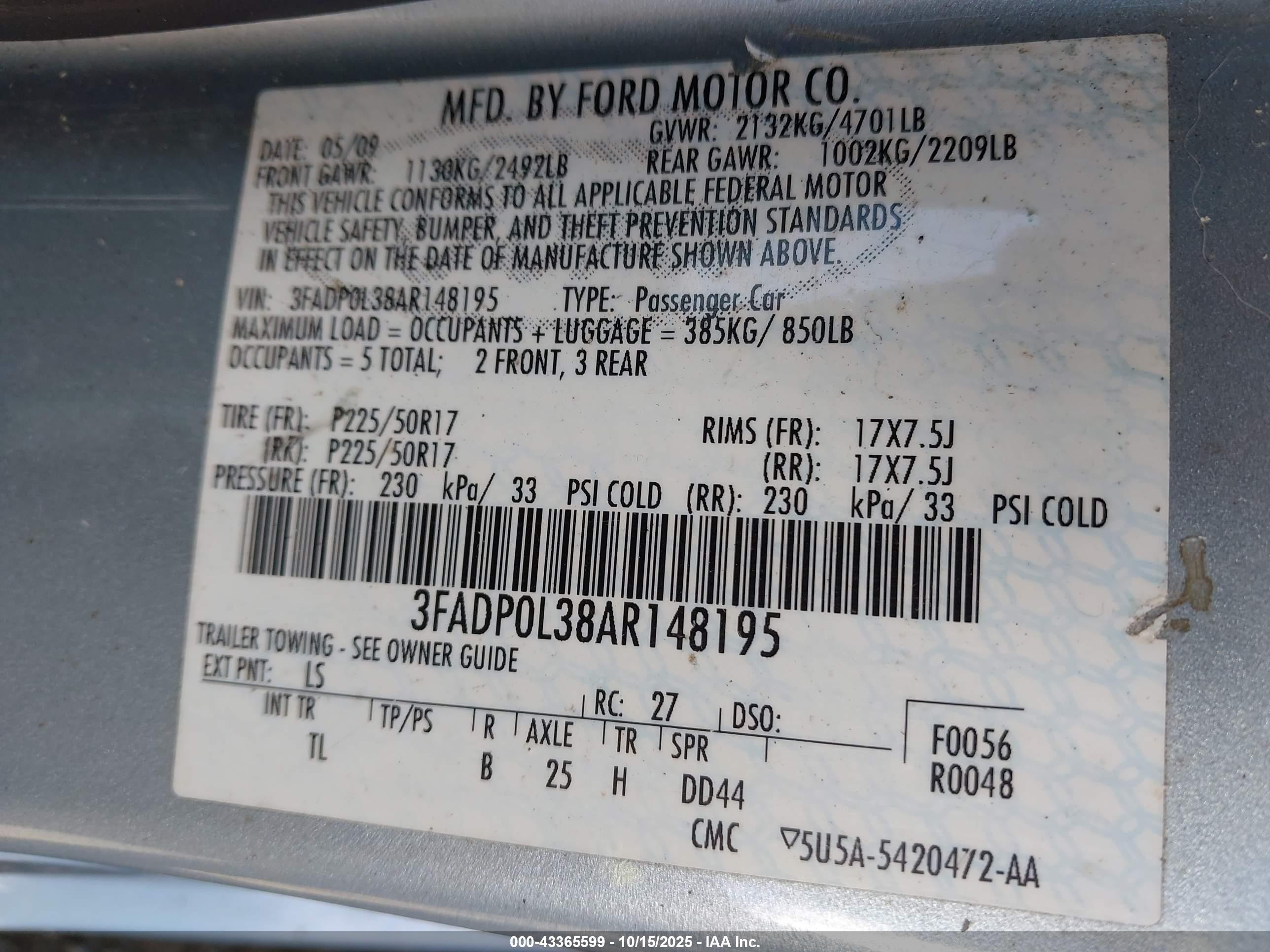 2010 Ford Fusion Hybrid   Blue vin: 3FADP0L38AR148195