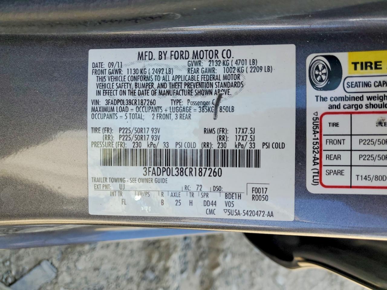 2012 Ford Fusion Hybrid Charcoal vin: 3FADP0L38CR187260