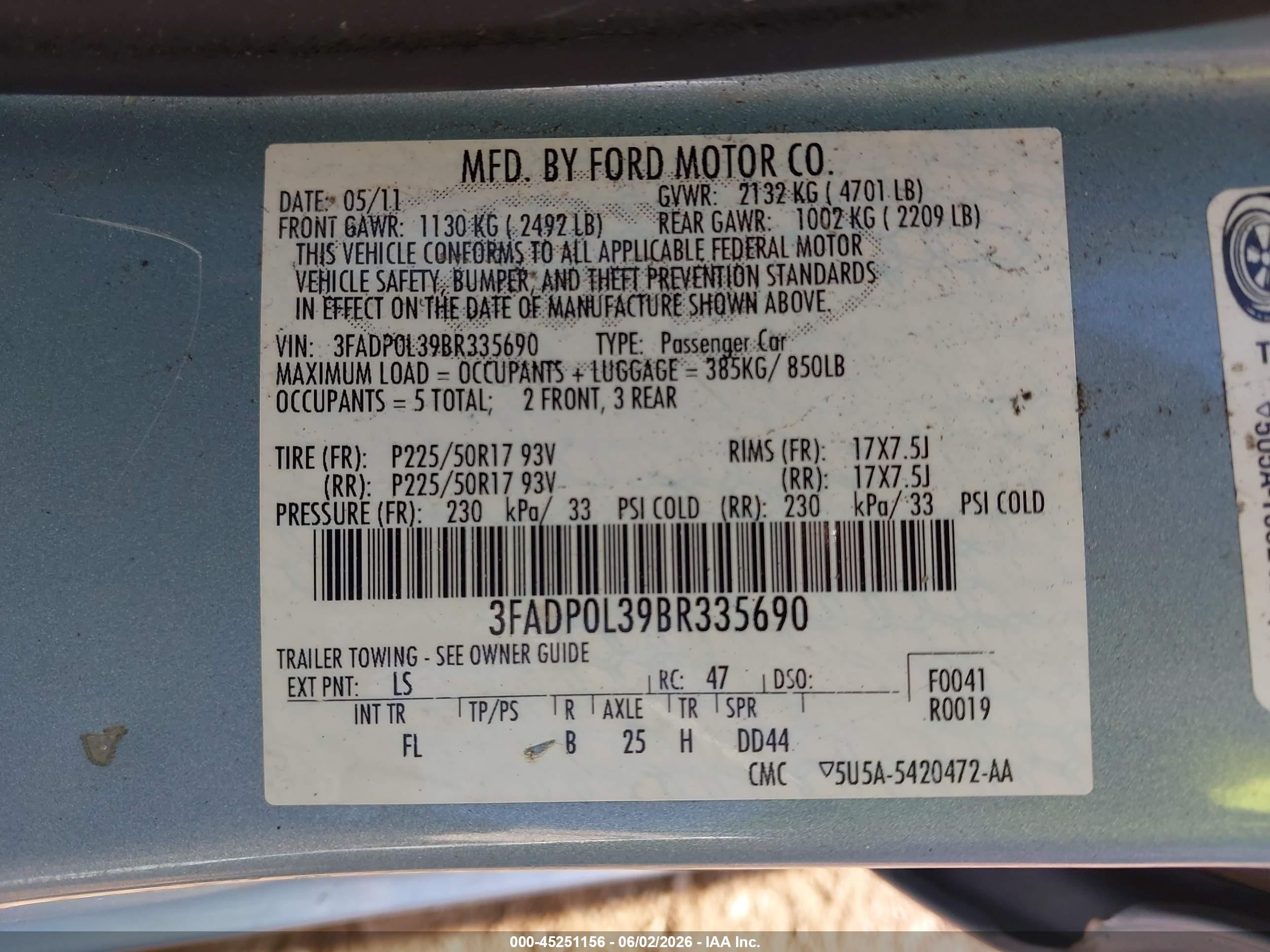 2011 Ford Fusion Hybrid   Light Blue vin: 3FADP0L39BR335690