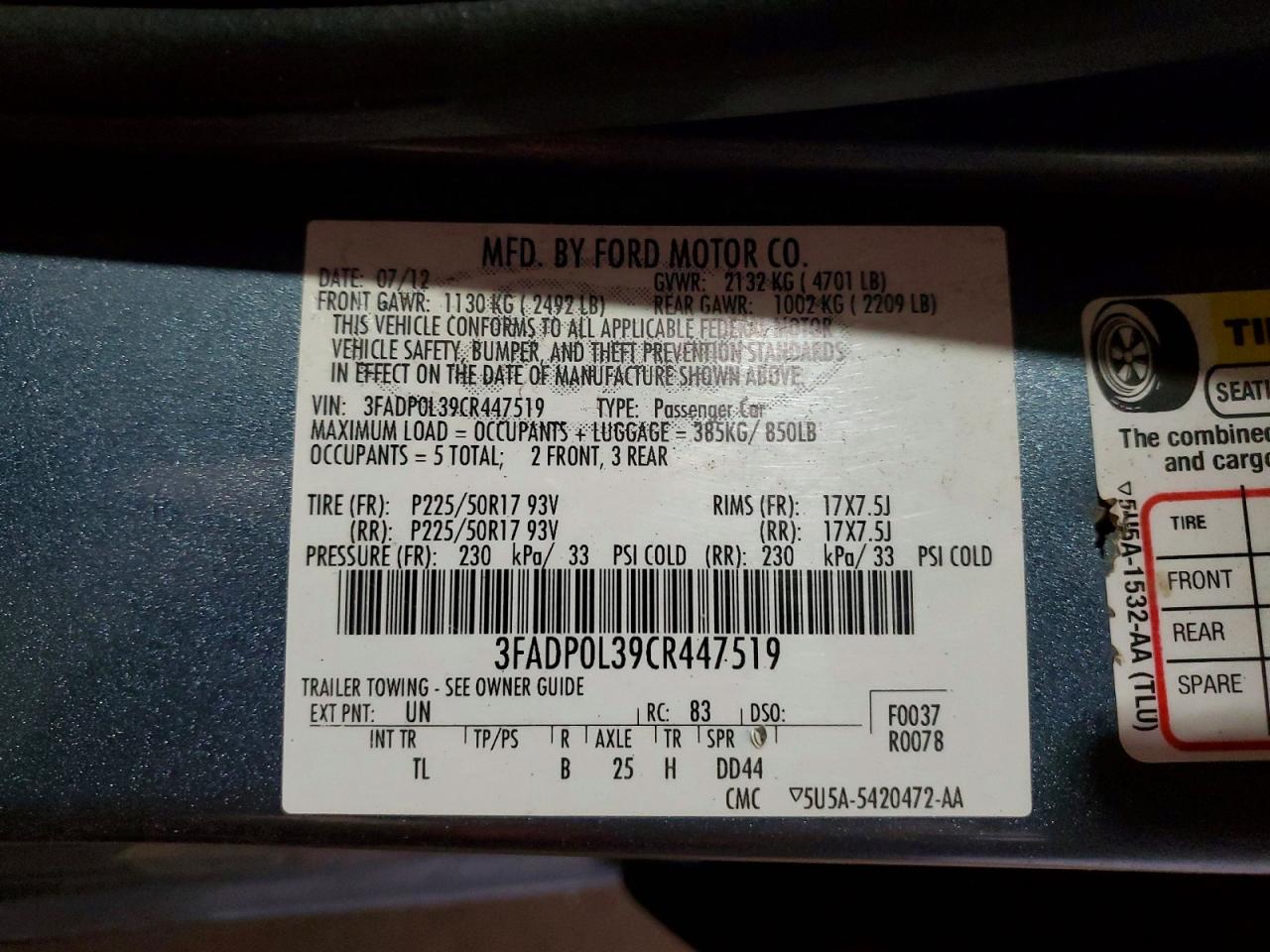 2012 Ford Fusion Hybrid Teal vin: 3FADP0L39CR447519
