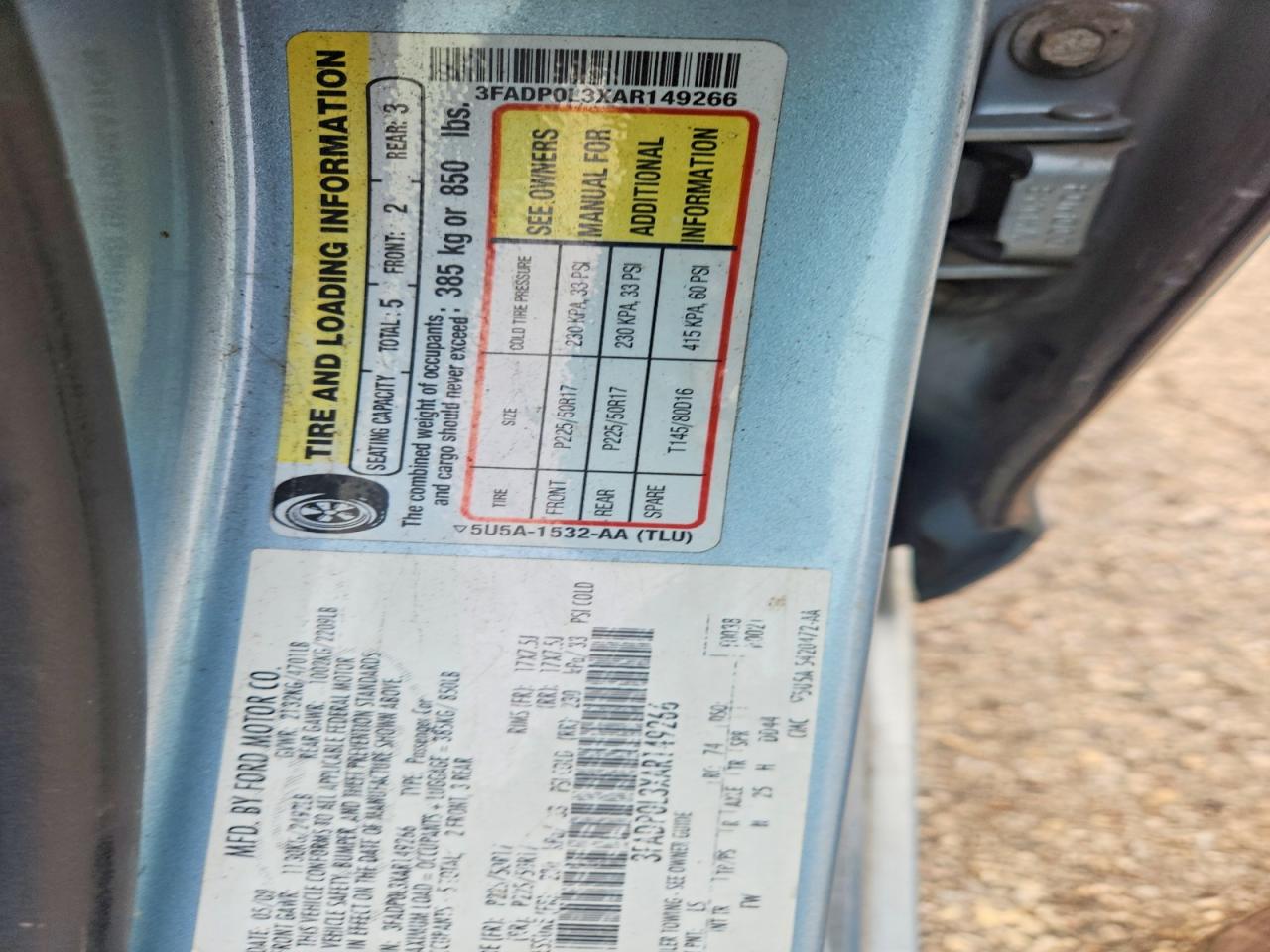 2010 Ford Fusion Hybrid Blue vin: 3FADP0L3XAR149266