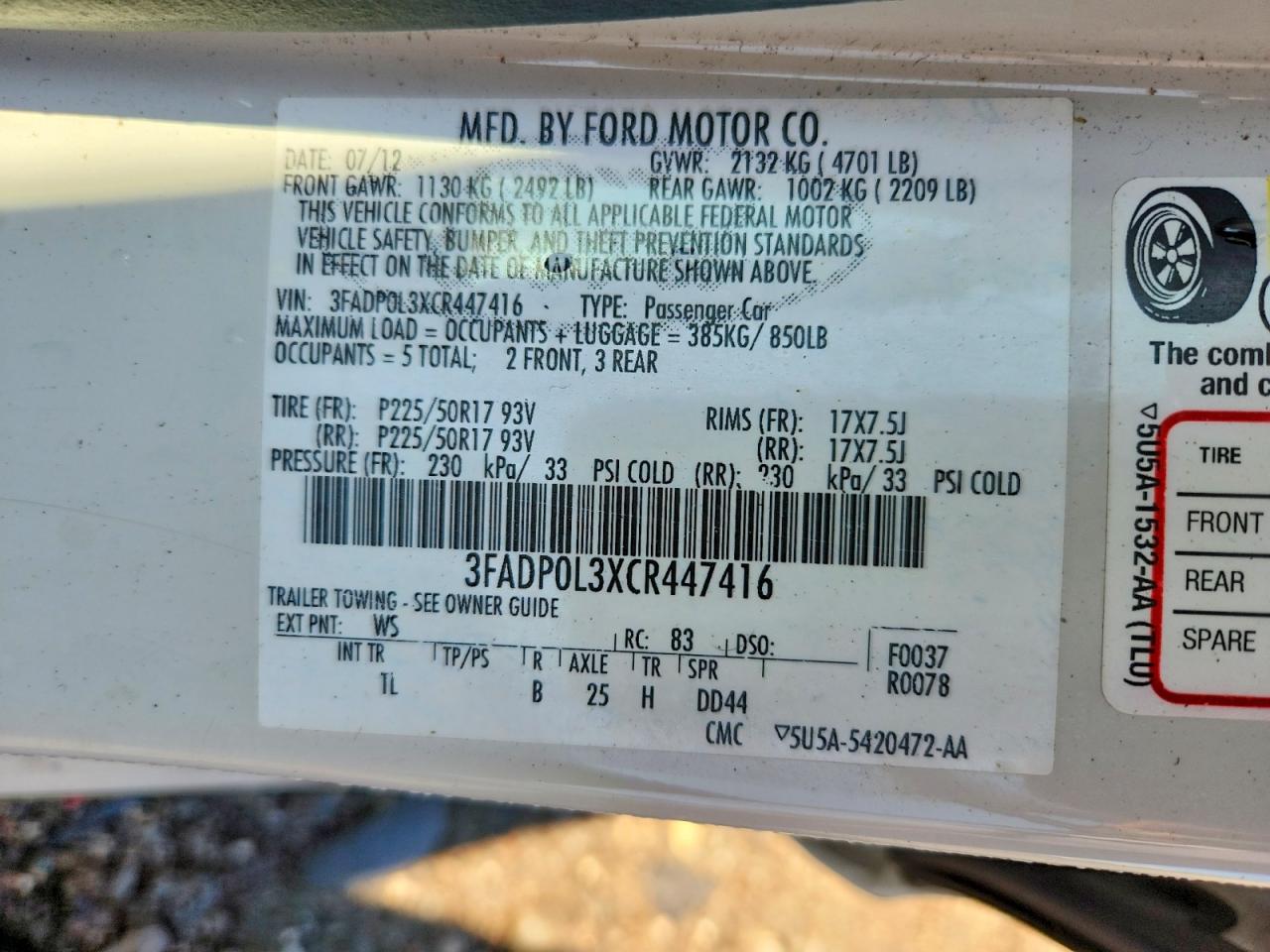 2012 Ford Fusion Hybrid White vin: 3FADP0L3XCR447416