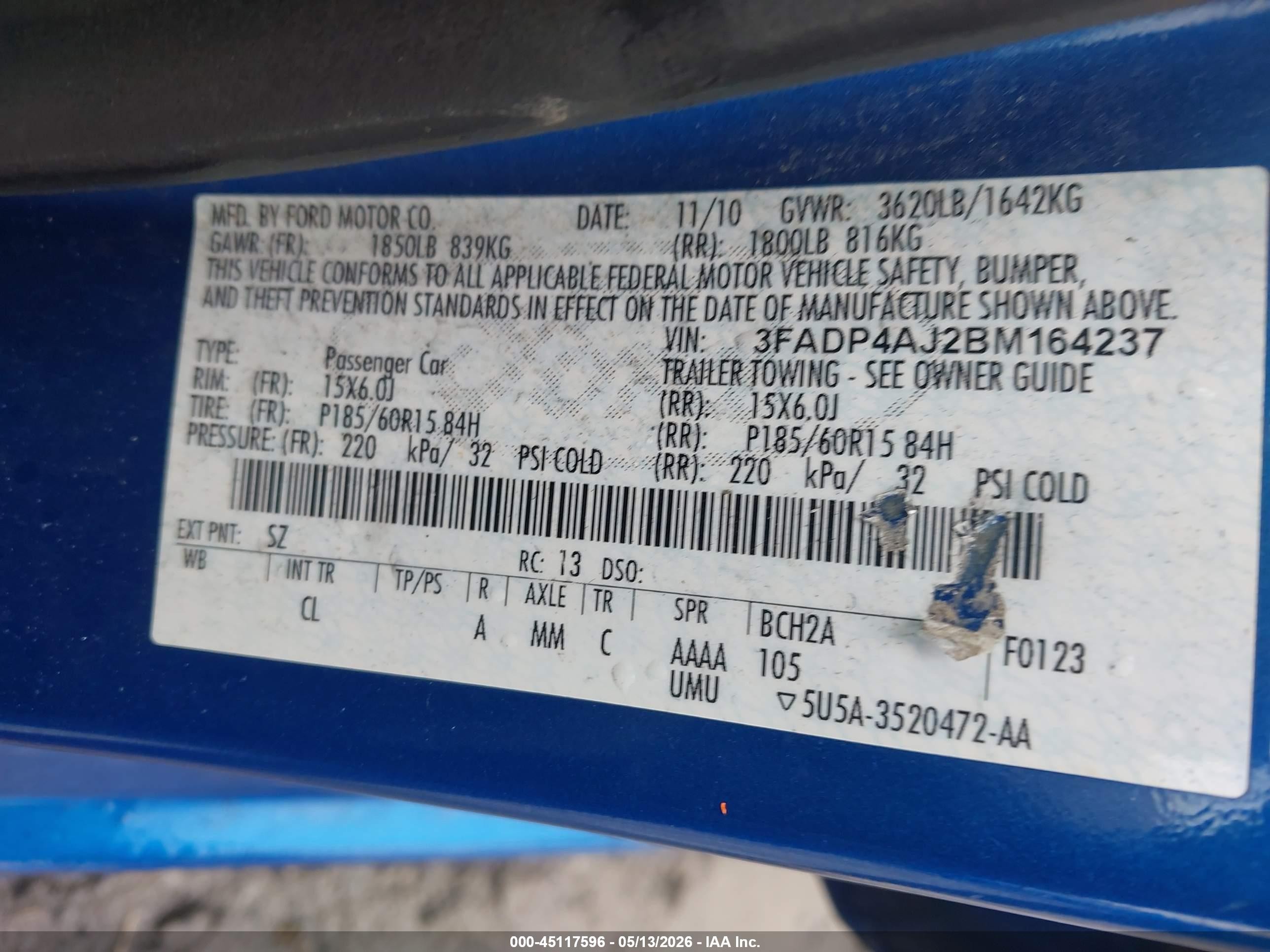 2011 Ford Fiesta S Blue vin: 3FADP4AJ2BM164237