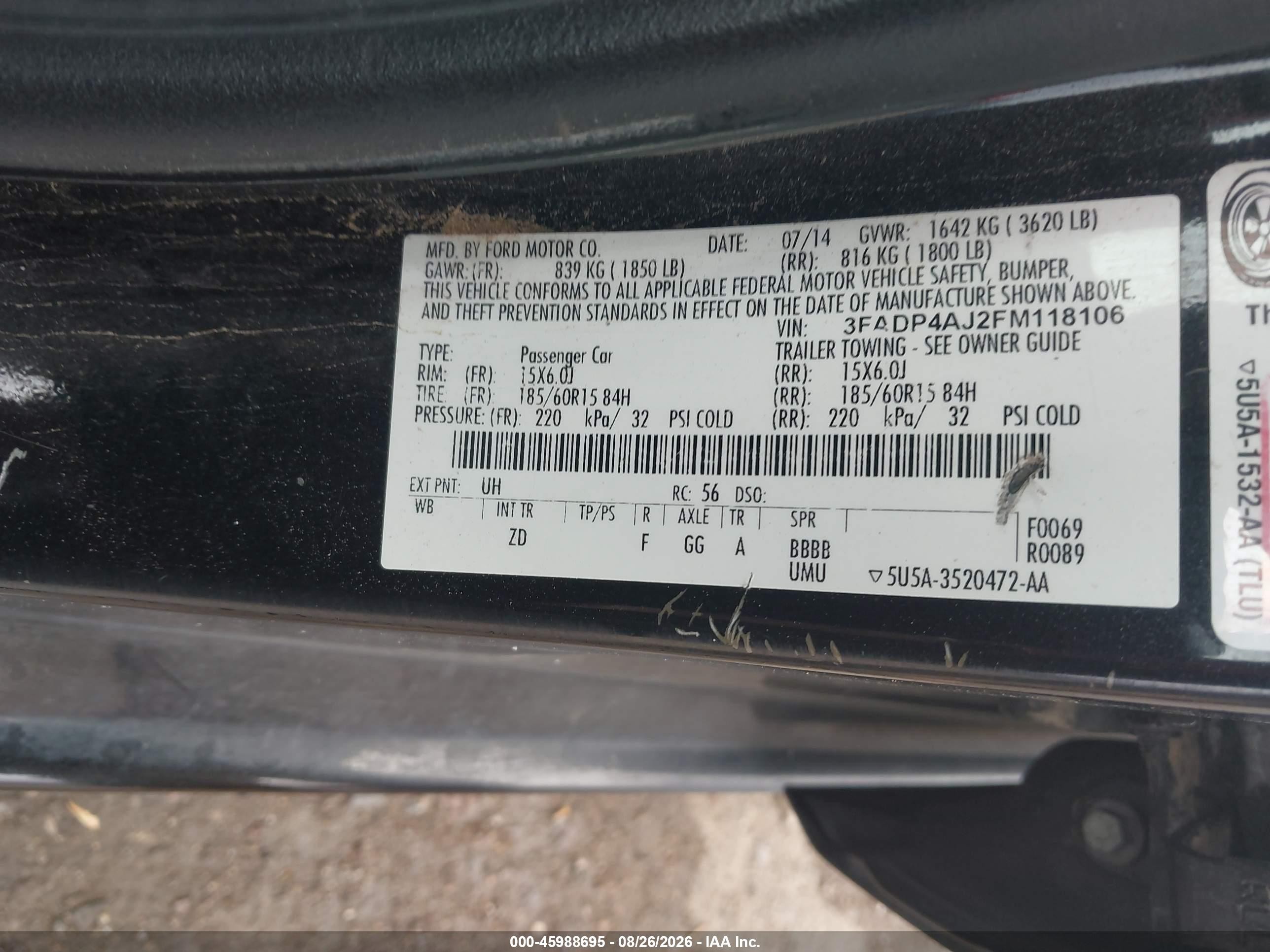 2015 Ford Fiesta S Black vin: 3FADP4AJ2FM118106