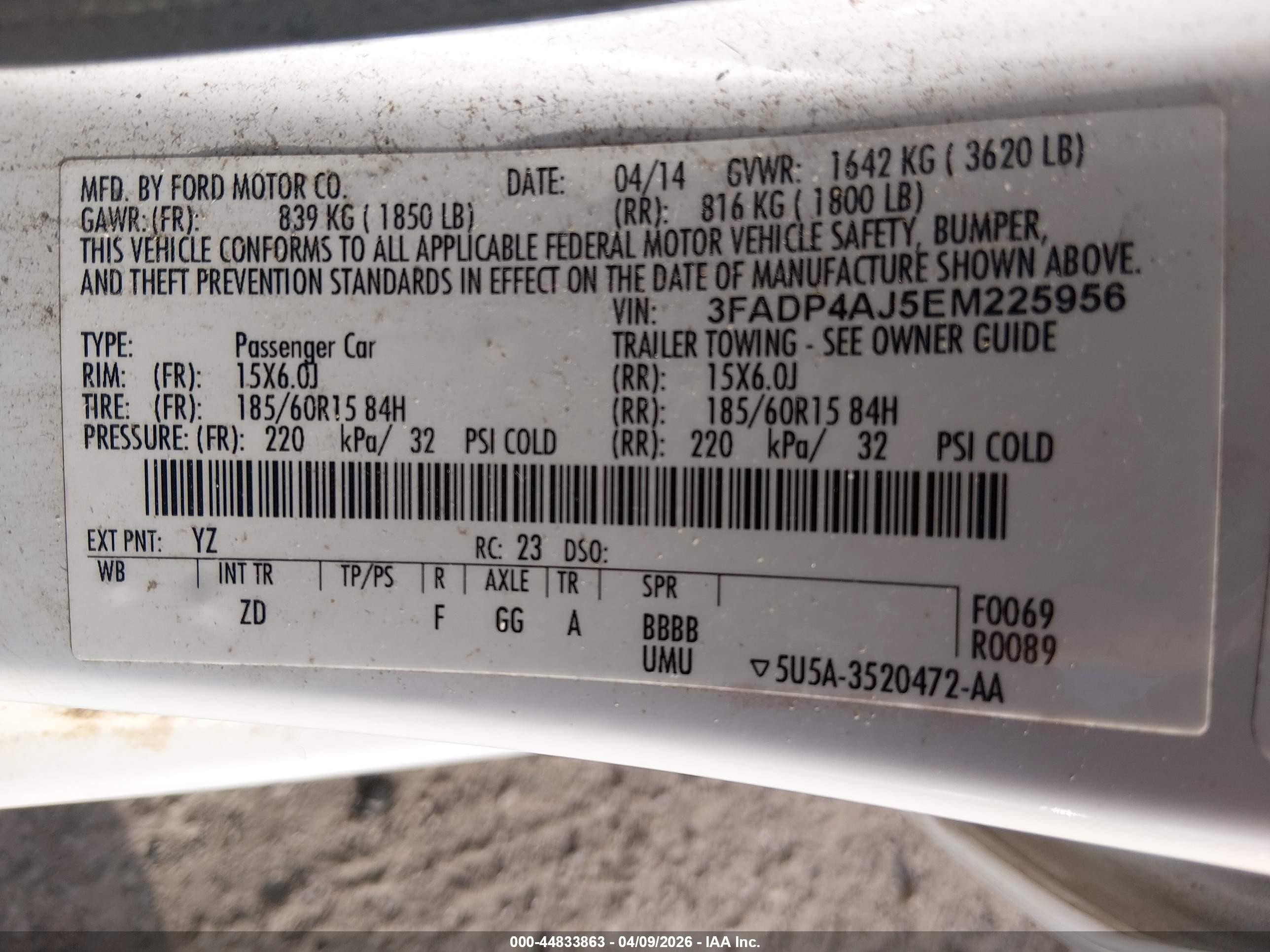 2014 Ford Fiesta S White vin: 3FADP4AJ5EM225956