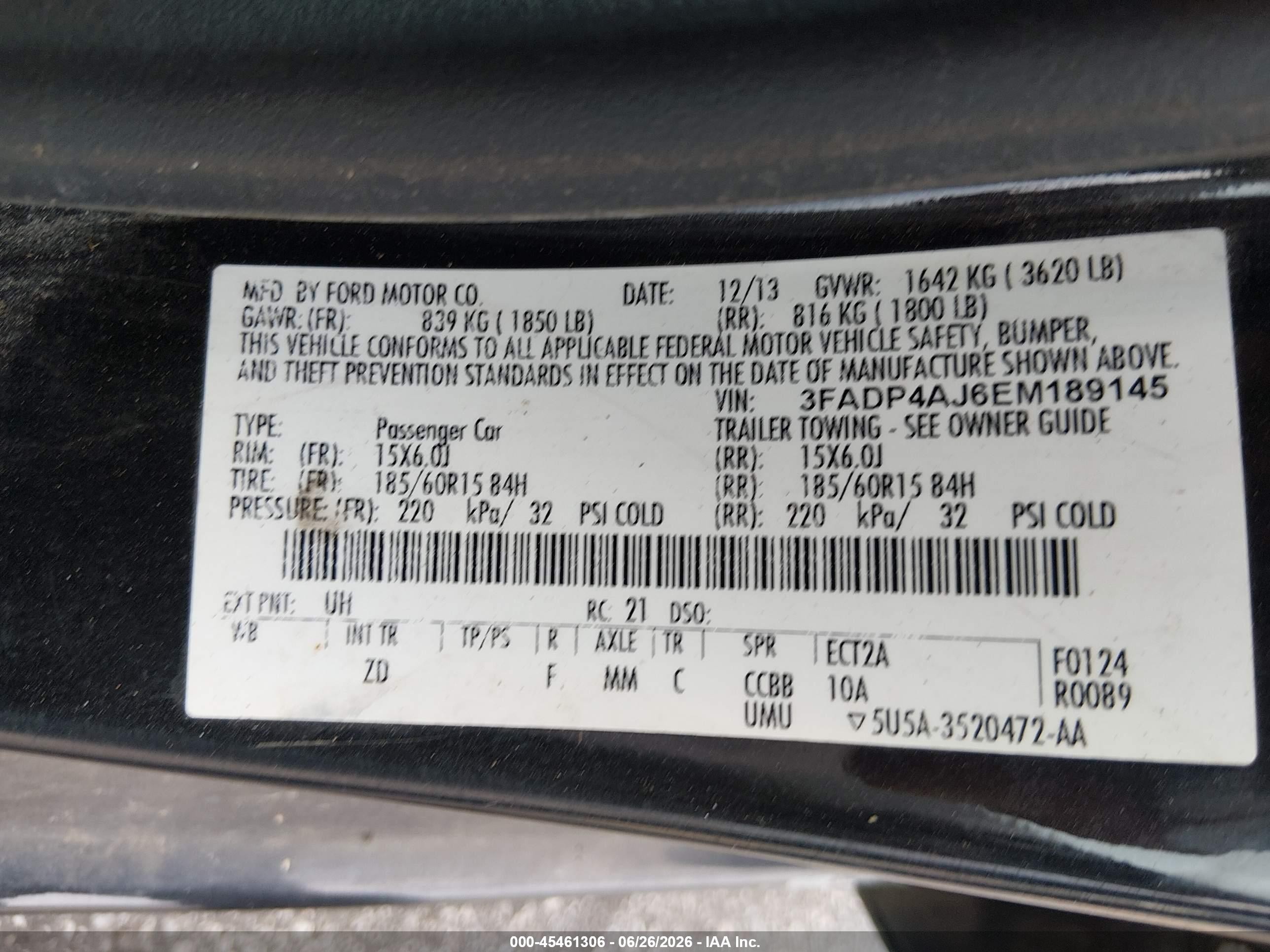 2014 Ford Fiesta S Black vin: 3FADP4AJ6EM189145