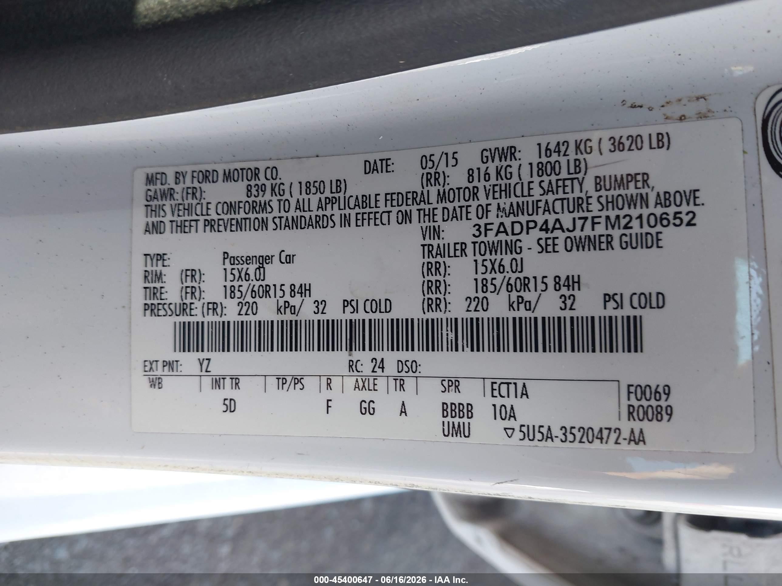 2015 Ford Fiesta S White vin: 3FADP4AJ7FM210652