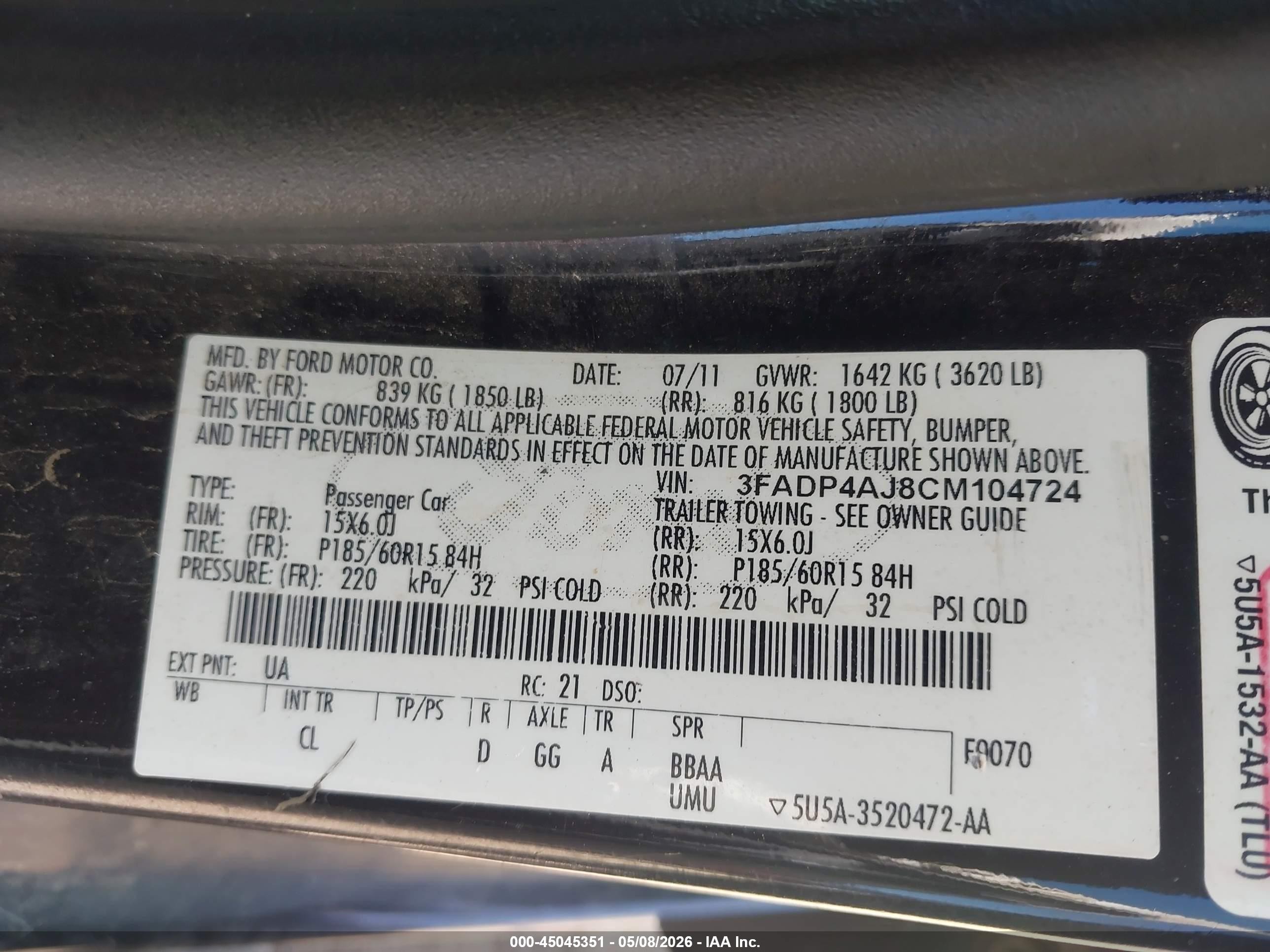 2012 Ford Fiesta S Black vin: 3FADP4AJ8CM104724