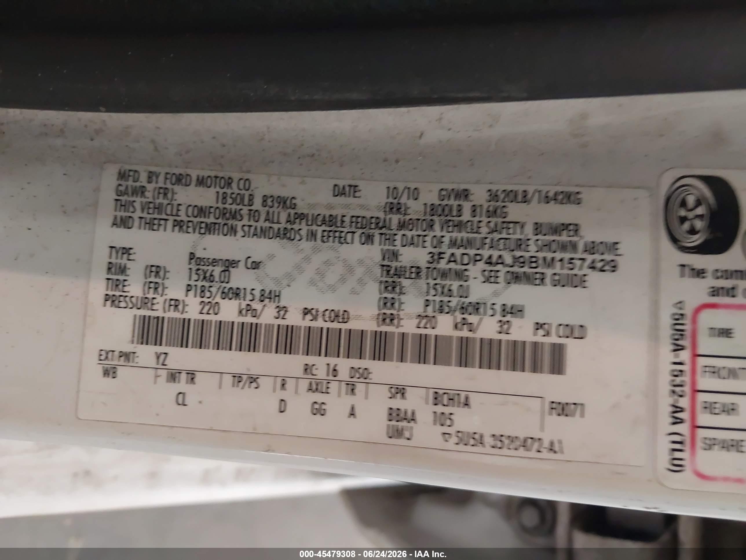2011 Ford Fiesta S White vin: 3FADP4AJ9BM157429